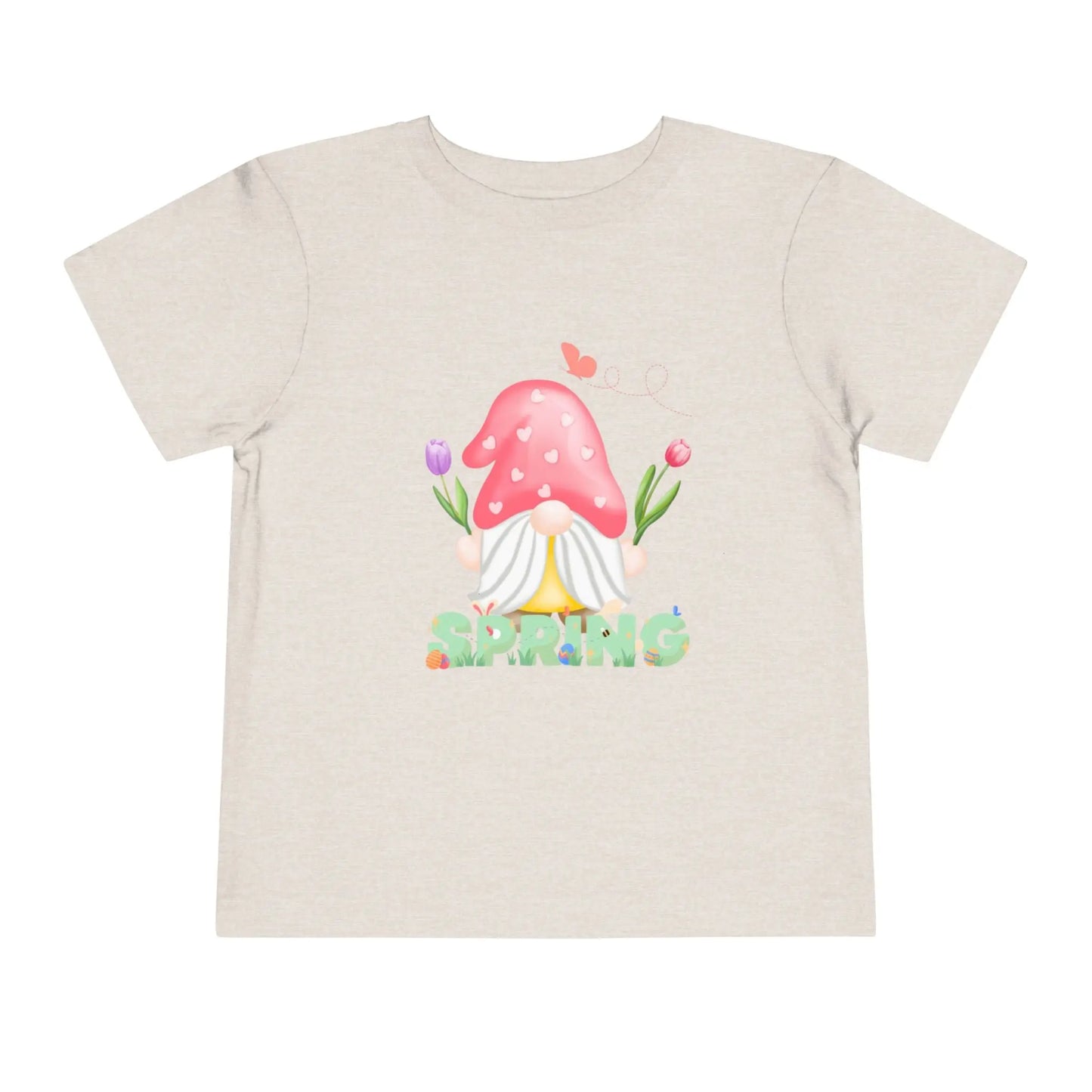 Soft cotton toddler tee featuring a whimsical spring gnome, butterfly, and blooms. Perfect for spring playdates, photos, and backyard adventures. Sizes 2T-5T. Heather Dust
