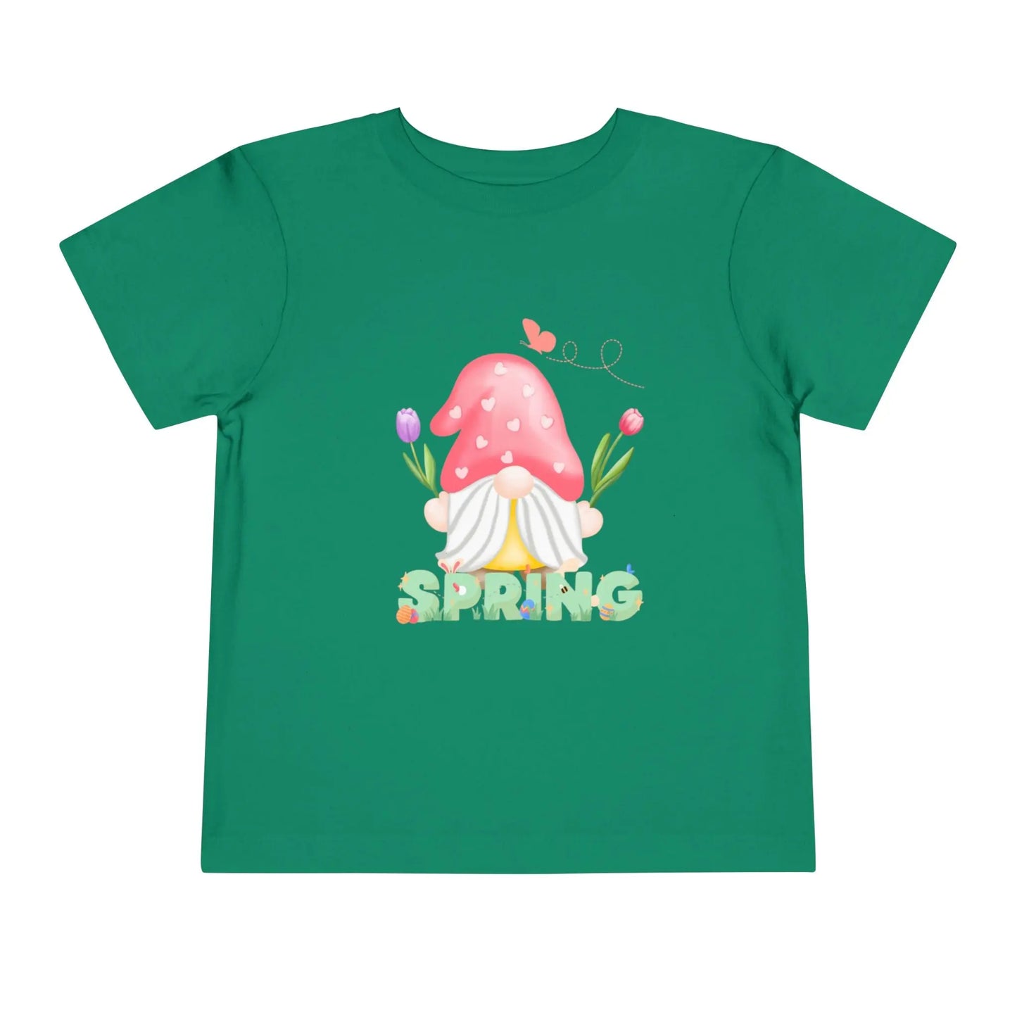 Soft cotton toddler tee featuring a whimsical spring gnome, butterfly, and blooms. Perfect for spring playdates, photos, and backyard adventures. Sizes 2T-5T. Kelly Green

