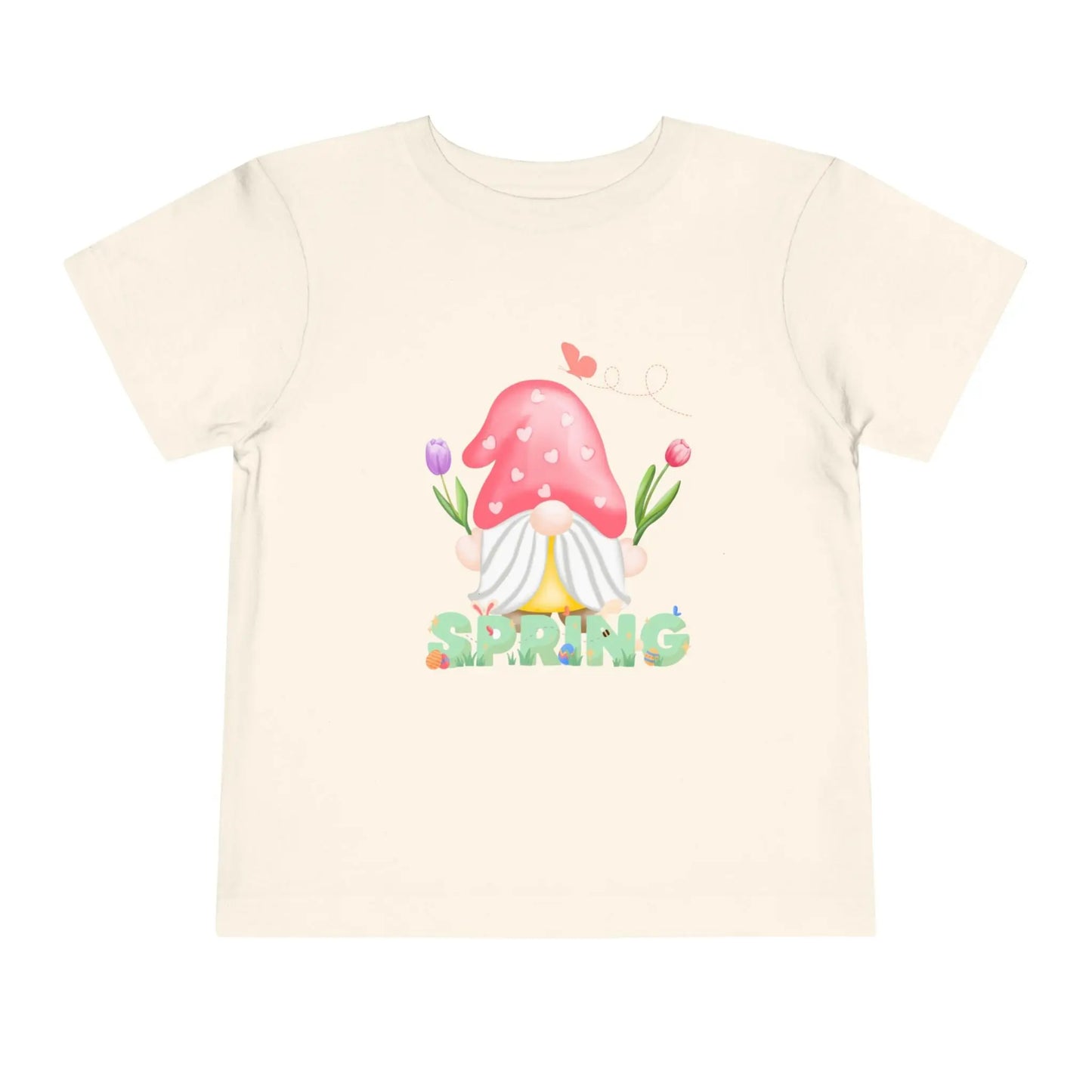 Soft cotton toddler tee featuring a whimsical spring gnome, butterfly, and blooms. Perfect for spring playdates, photos, and backyard adventures. Sizes 2T-5T. Natural
