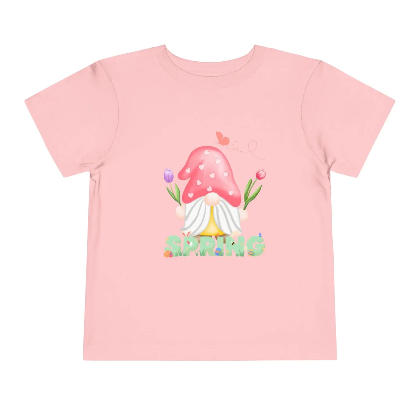 Soft cotton toddler tee featuring a whimsical spring gnome, butterfly, and blooms. Perfect for spring playdates, photos, and backyard adventures. Sizes 2T-5T. Pink
