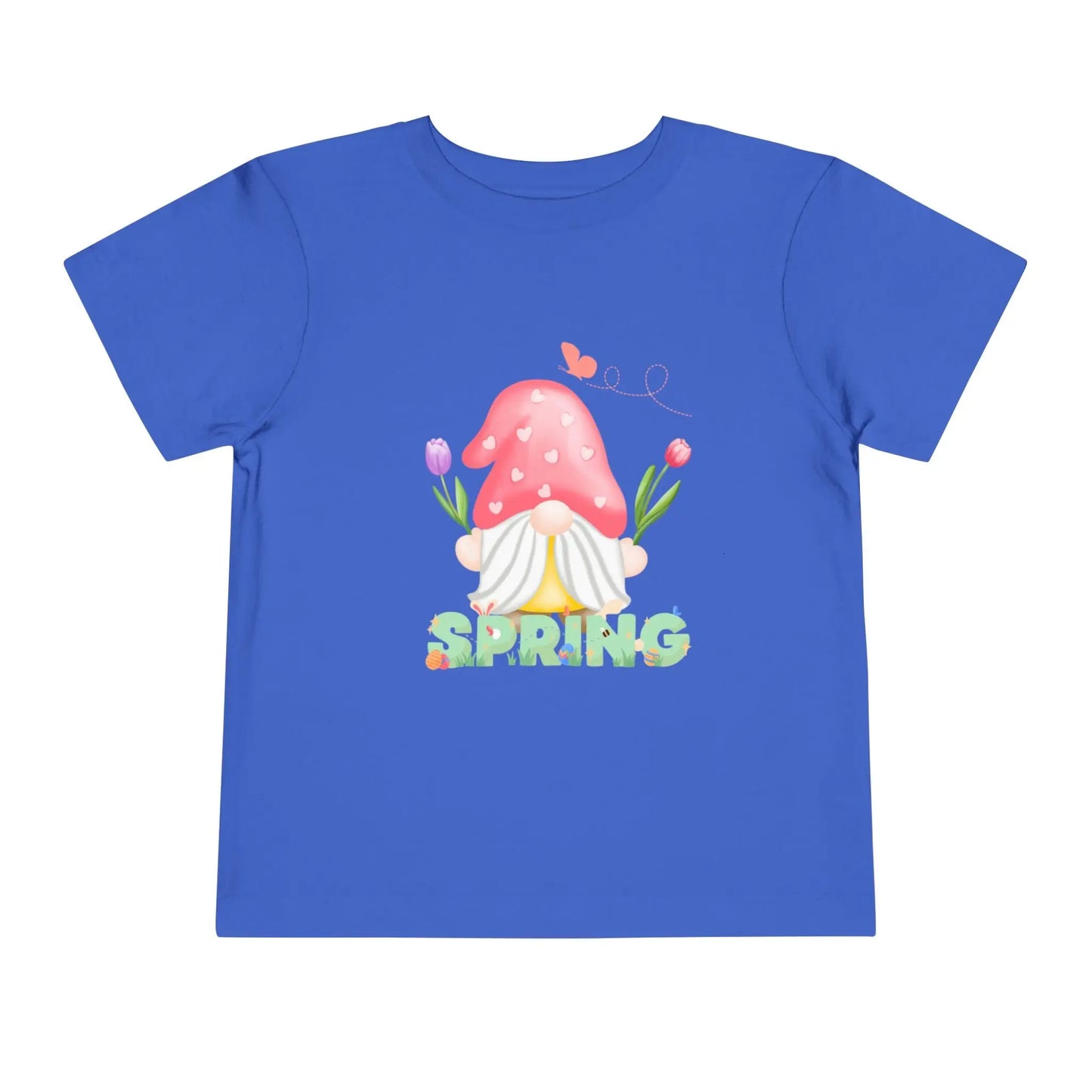 Soft cotton toddler tee featuring a whimsical spring gnome, butterfly, and blooms. Perfect for spring playdates, photos, and backyard adventures. Sizes 2T-5T. True Royal
