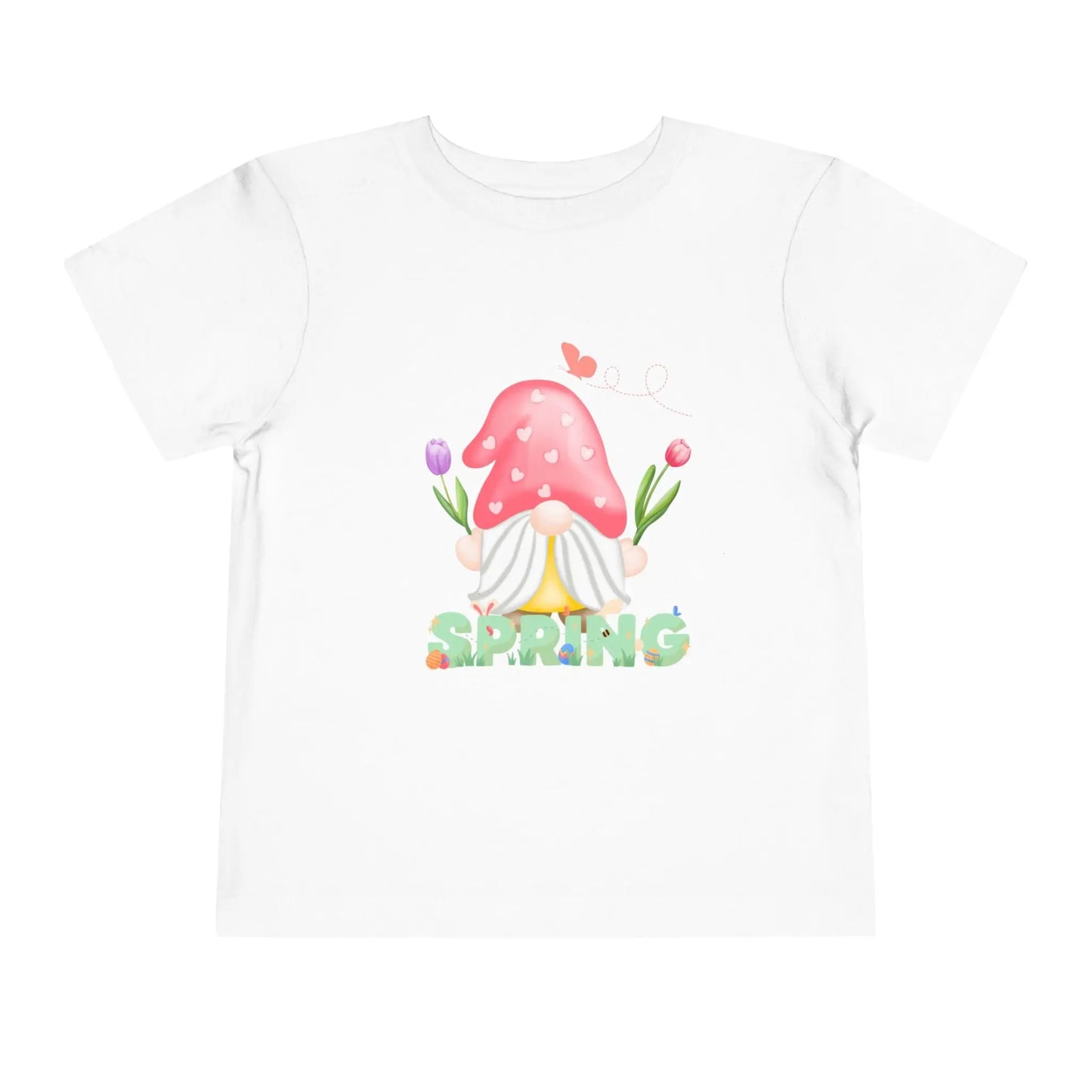 Soft cotton toddler tee featuring a whimsical spring gnome, butterfly, and blooms. Perfect for spring playdates, photos, and backyard adventures. Sizes 2T-5T. White
