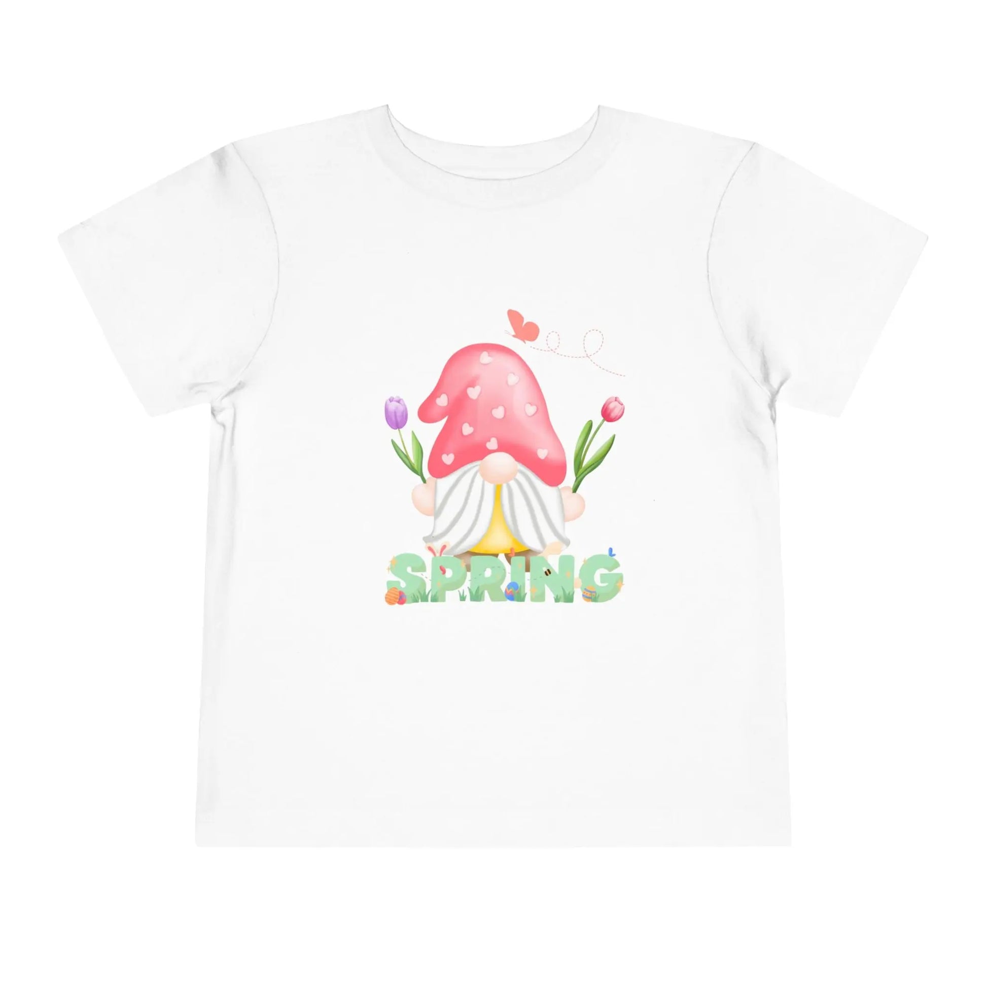 Soft cotton toddler tee featuring a whimsical spring gnome, butterfly, and blooms. Perfect for spring playdates, photos, and backyard adventures. Sizes 2T-5T. White
