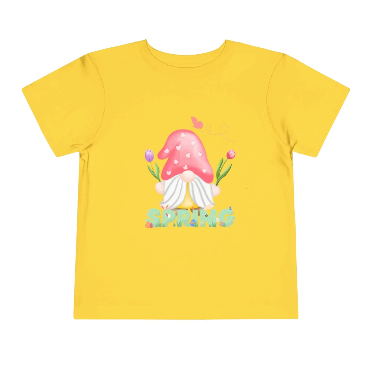 Soft cotton toddler tee featuring a whimsical spring gnome, butterfly, and blooms. Perfect for spring playdates, photos, and backyard adventures. Sizes 2T-5T. Yellow
