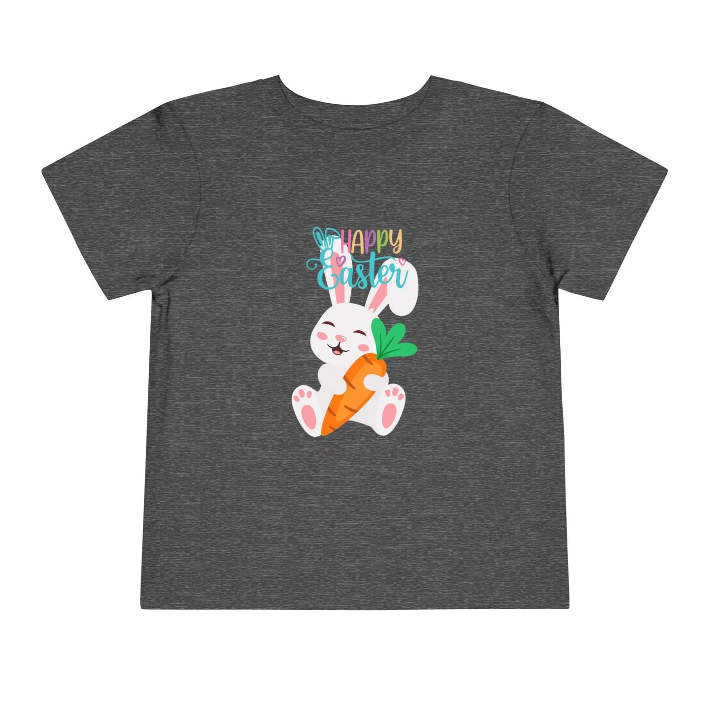 Soft cotton toddler tee with sleepy bunny holding carrot and Happy Easter lettering. Perfect for egg hunts and spring celebrations. Sizes 2T-5T.
Dark Heather Grey
