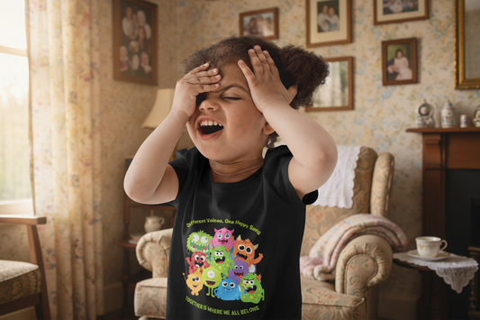 Little girl wearing this playful toddler tee with colorful monster friends celebrating diversity and inclusion. Soft, lightweight cotton perfect for preschool and play. Different voices, one happy song.