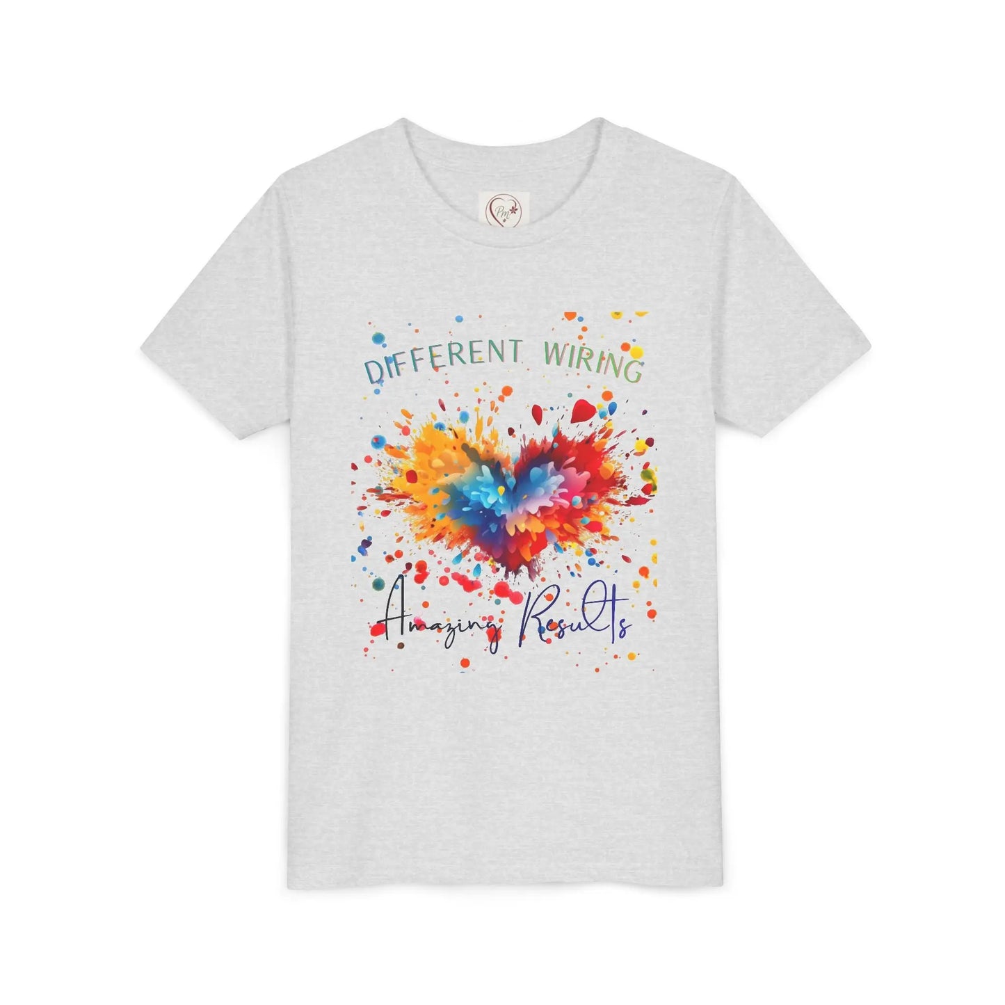  Celebrate neurodiversity with this soft youth tee featuring a colorful heart design. Different wiring, amazing results. Sensory-friendly and ethically made for autism awareness. Ash