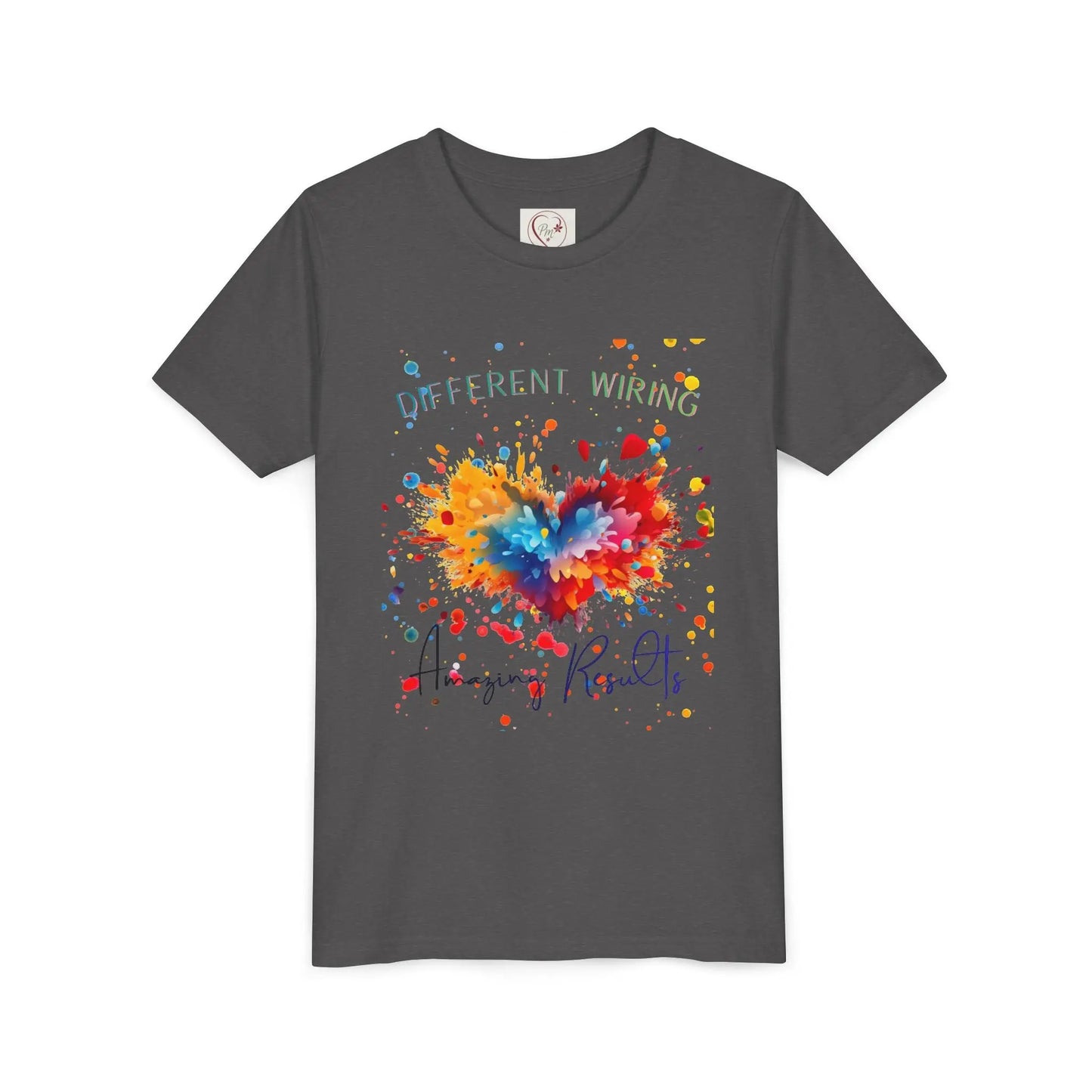  Celebrate neurodiversity with this soft youth tee featuring a colorful heart design. Different wiring, amazing results. Sensory-friendly and ethically made for autism awareness. Dark Heather Grey