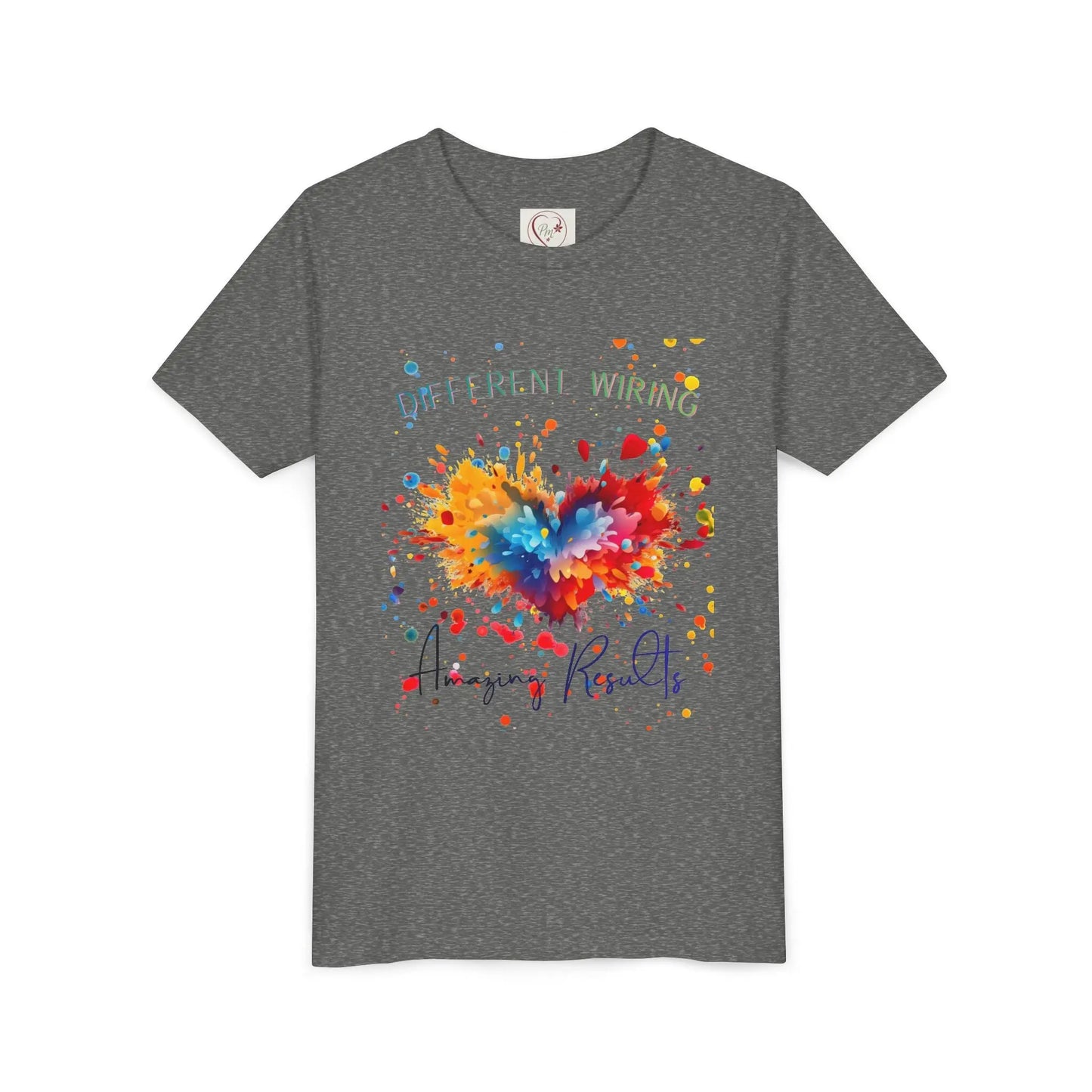  Celebrate neurodiversity with this soft youth tee featuring a colorful heart design. Different wiring, amazing results. Sensory-friendly and ethically made for autism awareness. Deep Heather