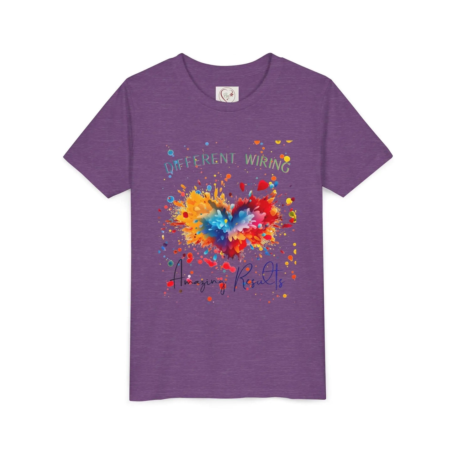  Celebrate neurodiversity with this soft youth tee featuring a colorful heart design. Different wiring, amazing results. Sensory-friendly and ethically made for autism awareness. Heather Team Purple