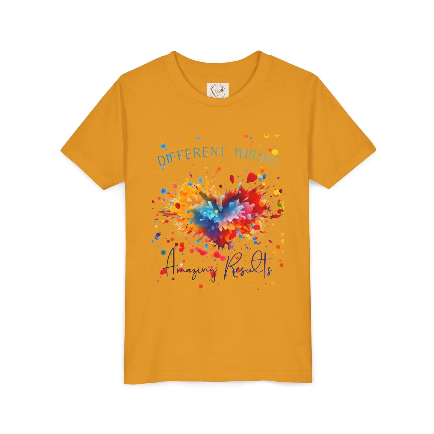  Celebrate neurodiversity with this soft youth tee featuring a colorful heart design. Different wiring, amazing results. Sensory-friendly and ethically made for autism awareness. Mustard