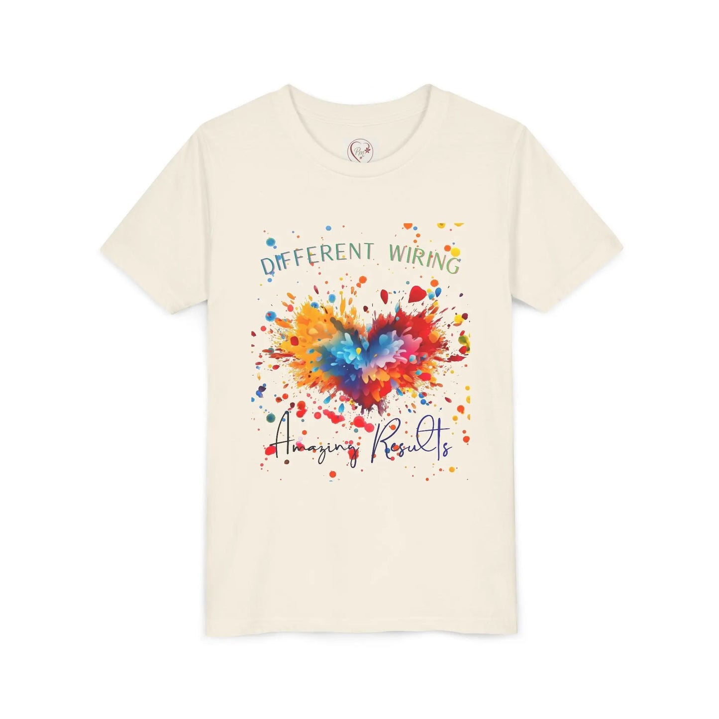  Celebrate neurodiversity with this soft youth tee featuring a colorful heart design. Different wiring, amazing results. Sensory-friendly and ethically made for autism awareness.  Natural