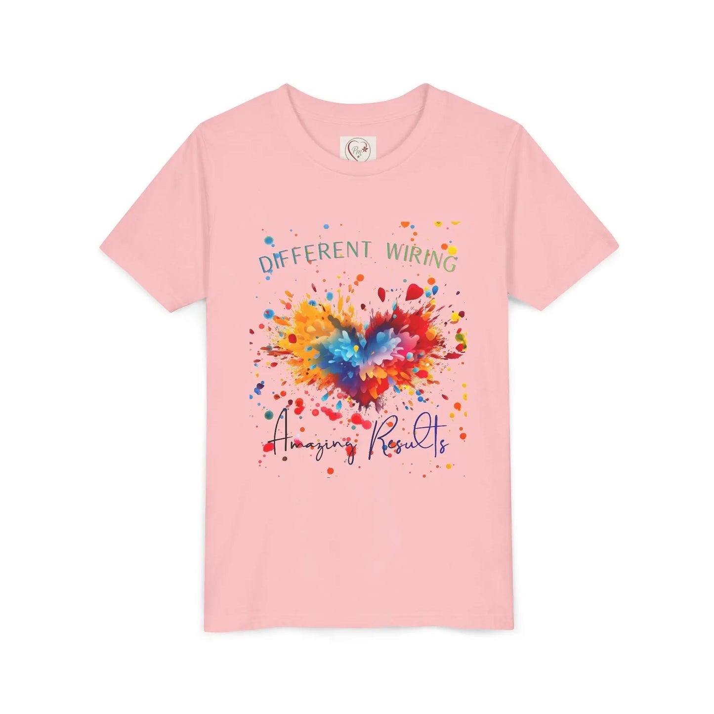  Celebrate neurodiversity with this soft youth tee featuring a colorful heart design. Different wiring, amazing results. Sensory-friendly and ethically made for autism awareness. Pink