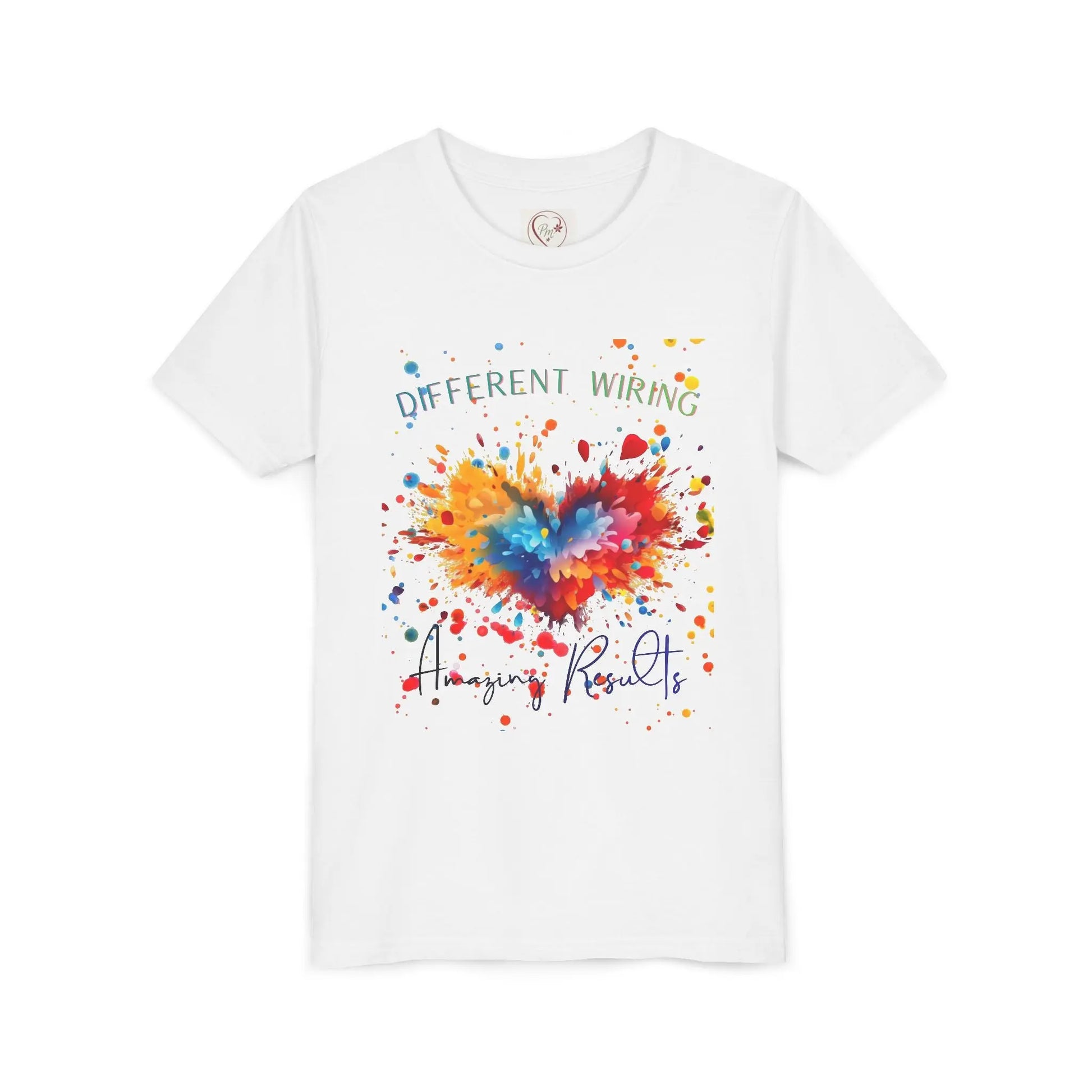  Celebrate neurodiversity with this soft youth tee featuring a colorful heart design. Different wiring, amazing results. Sensory-friendly and ethically made for autism awareness. White