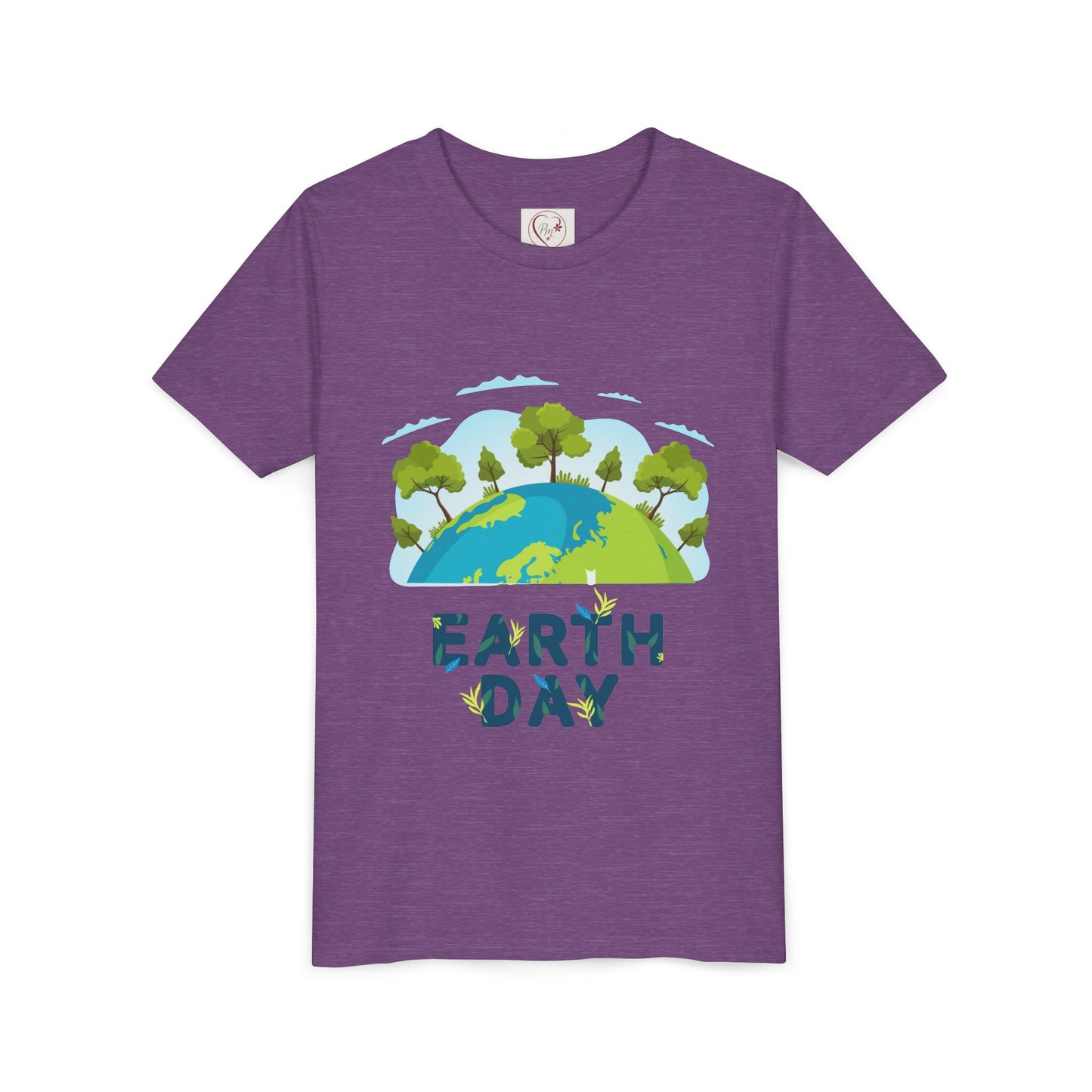 Soft cotton youth tee with tree globe design and Happy Earth Day message. Perfect for eco-conscious kids and school Earth Day events. Sizes S-XL.
Heather Team Purple