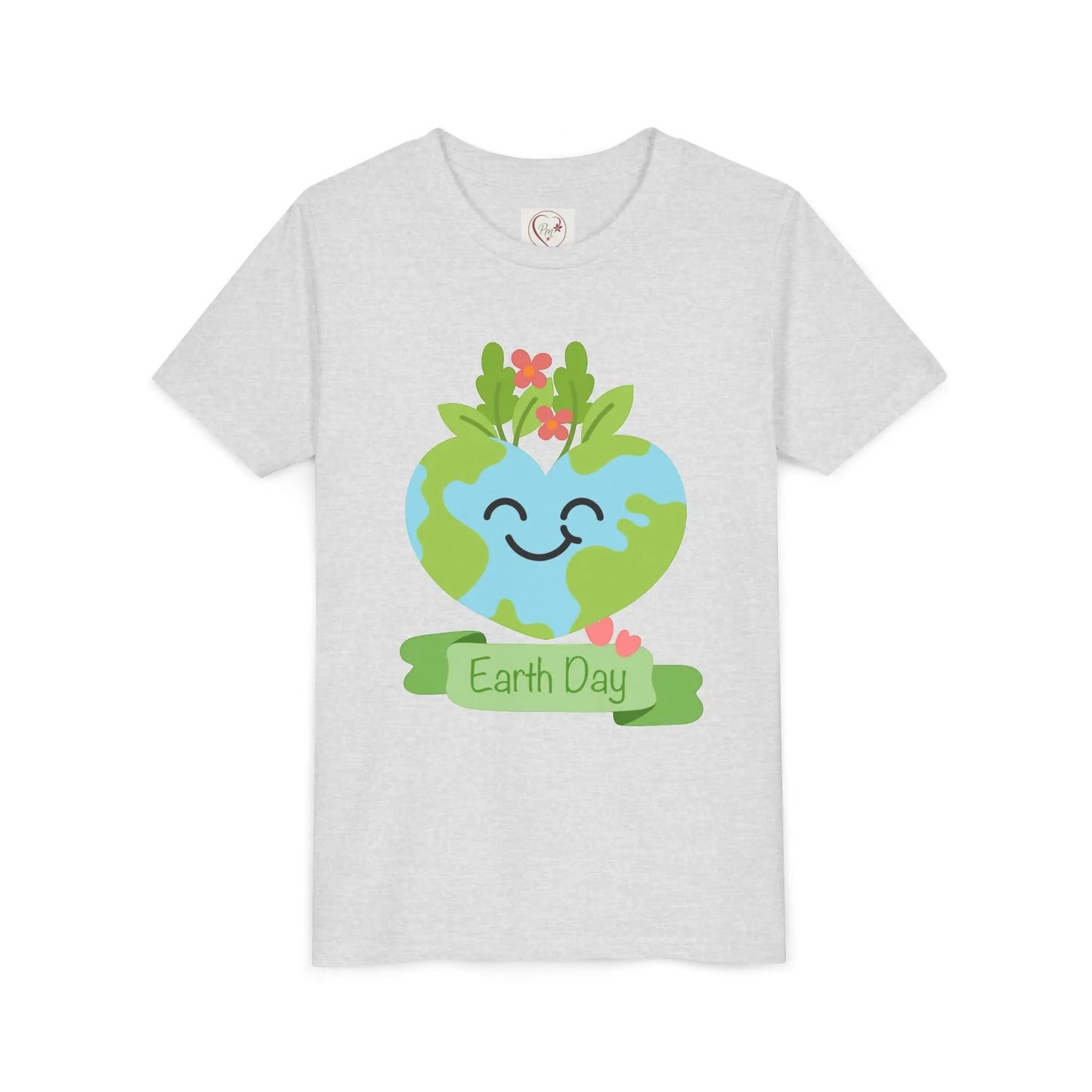 Soft cotton youth tee with smiling heart-shaped Earth and Happy Earth Day message. Perfect for eco-conscious kids and nature lovers. Sizes S-XL. Ash
