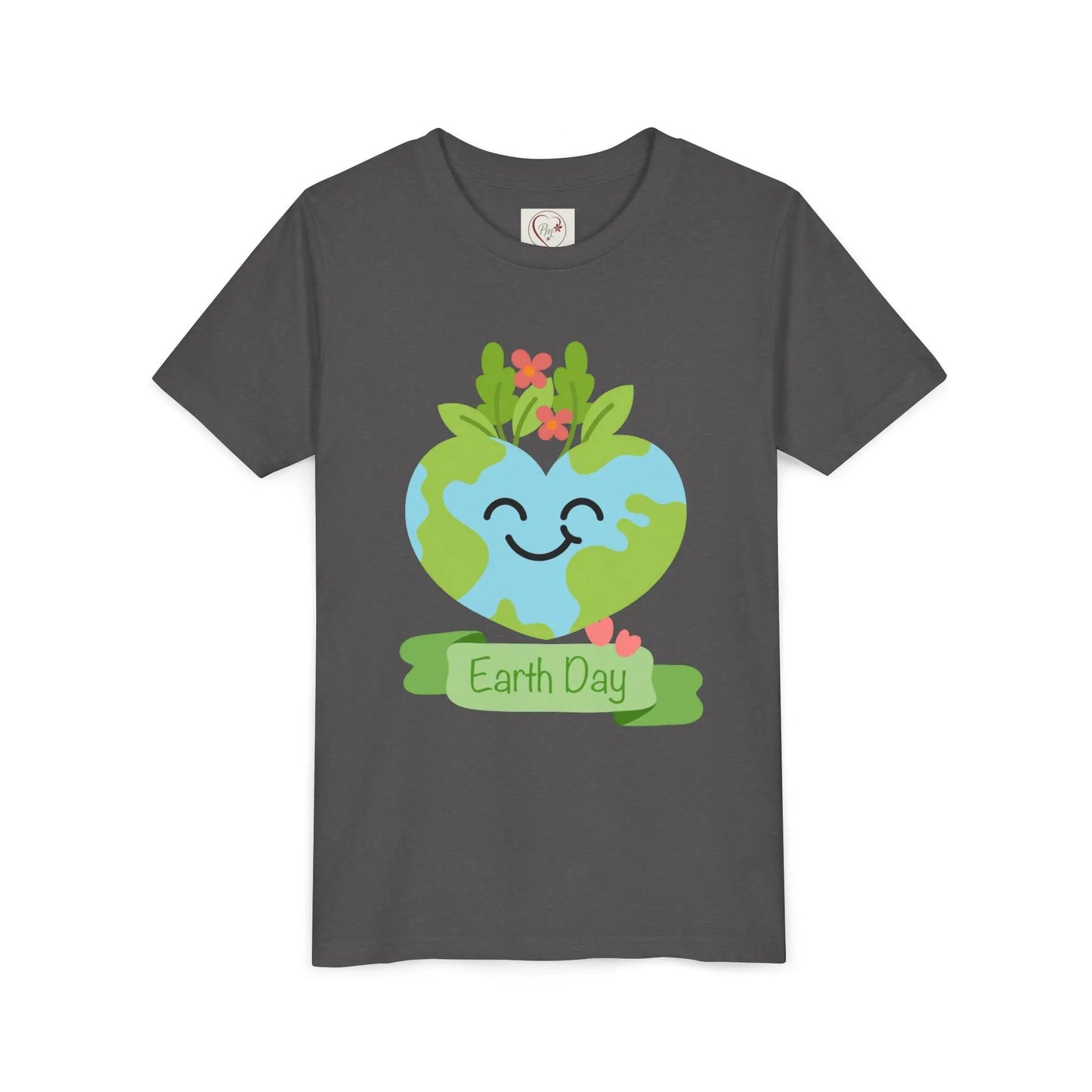 Soft cotton youth tee with smiling heart-shaped Earth and Happy Earth Day message. Perfect for eco-conscious kids and nature lovers. Sizes S-XL. Asphalt