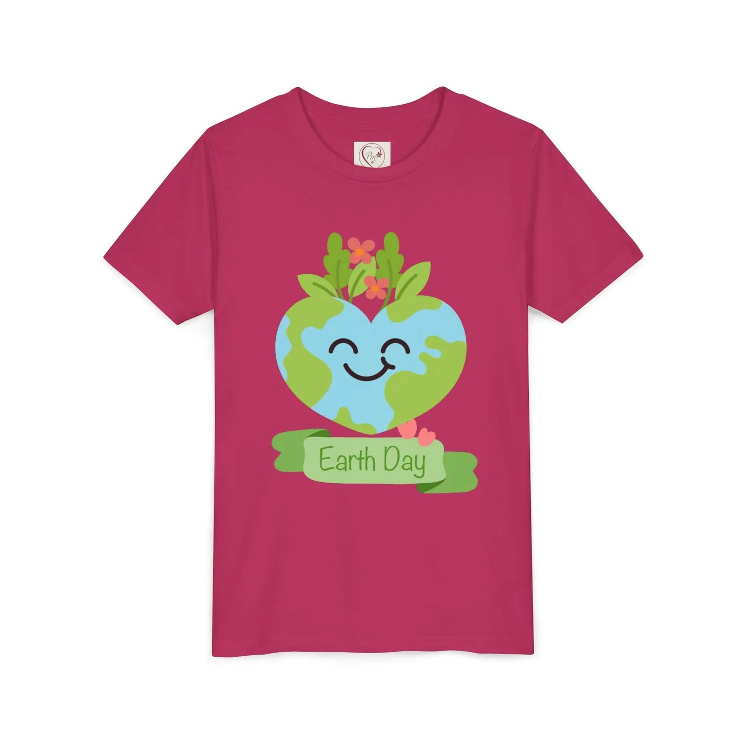 Soft cotton youth tee with smiling heart-shaped Earth and Happy Earth Day message. Perfect for eco-conscious kids and nature lovers. Sizes S-XL. Berry
