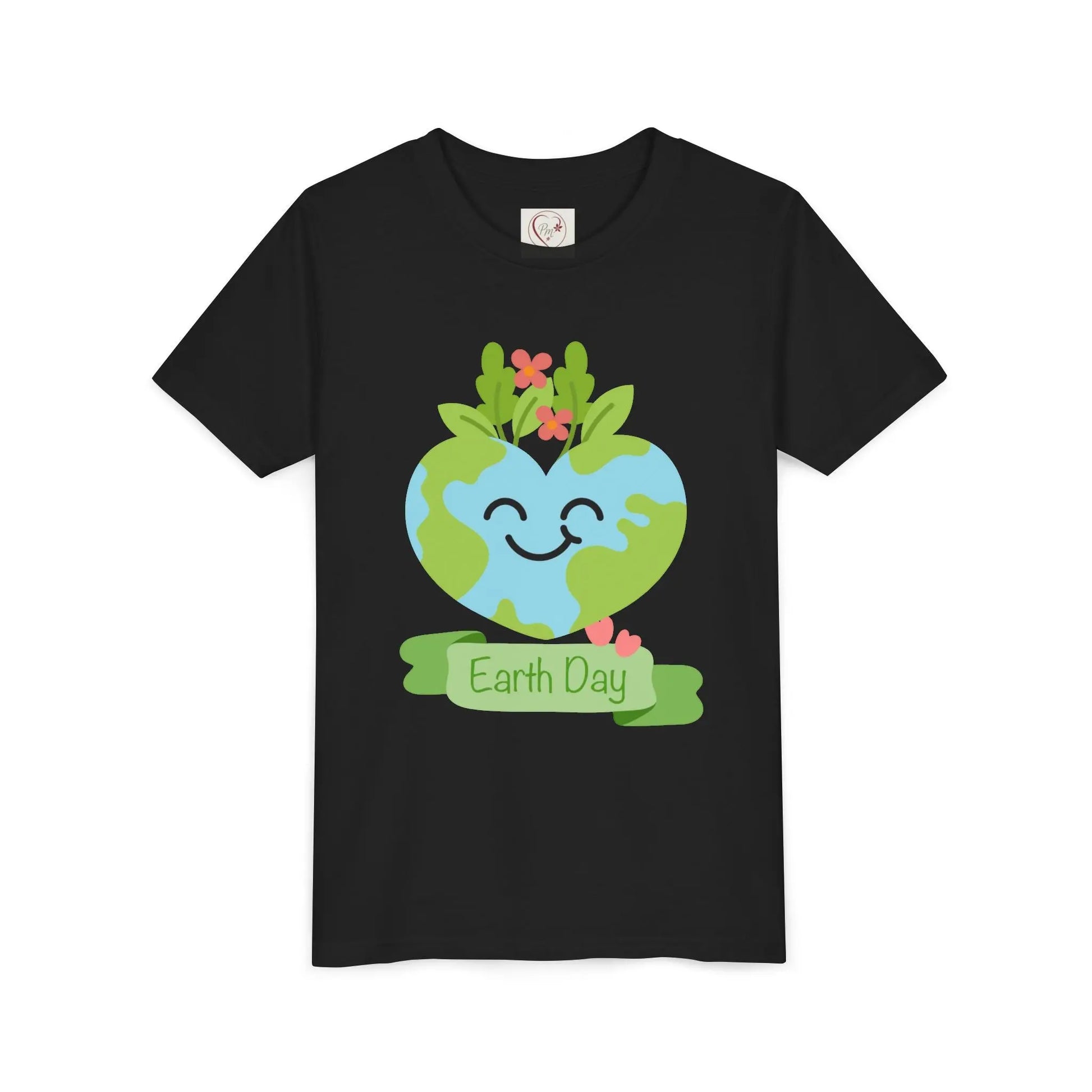 Soft cotton youth tee with smiling heart-shaped Earth and Happy Earth Day message. Perfect for eco-conscious kids and nature lovers. Sizes S-XL. Black