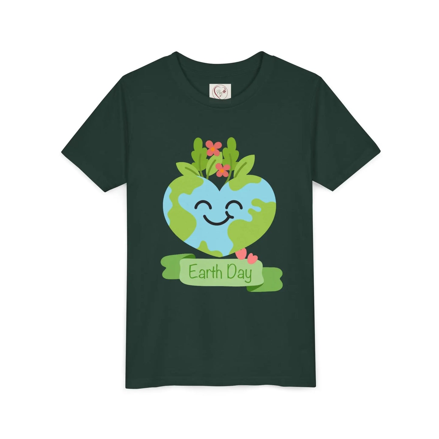 Soft cotton youth tee with smiling heart-shaped Earth and Happy Earth Day message. Perfect for eco-conscious kids and nature lovers. Sizes S-XL. Forest
