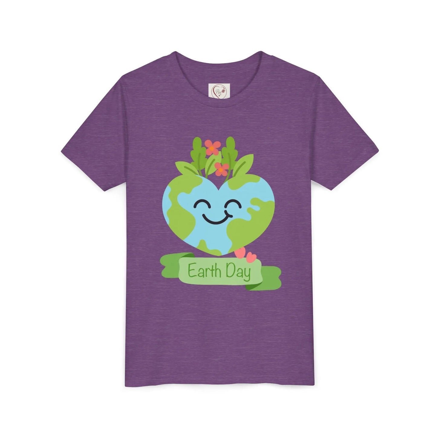 Soft cotton youth tee with smiling heart-shaped Earth and Happy Earth Day message. Perfect for eco-conscious kids and nature lovers. Sizes S-XL. Heather Team Purple
