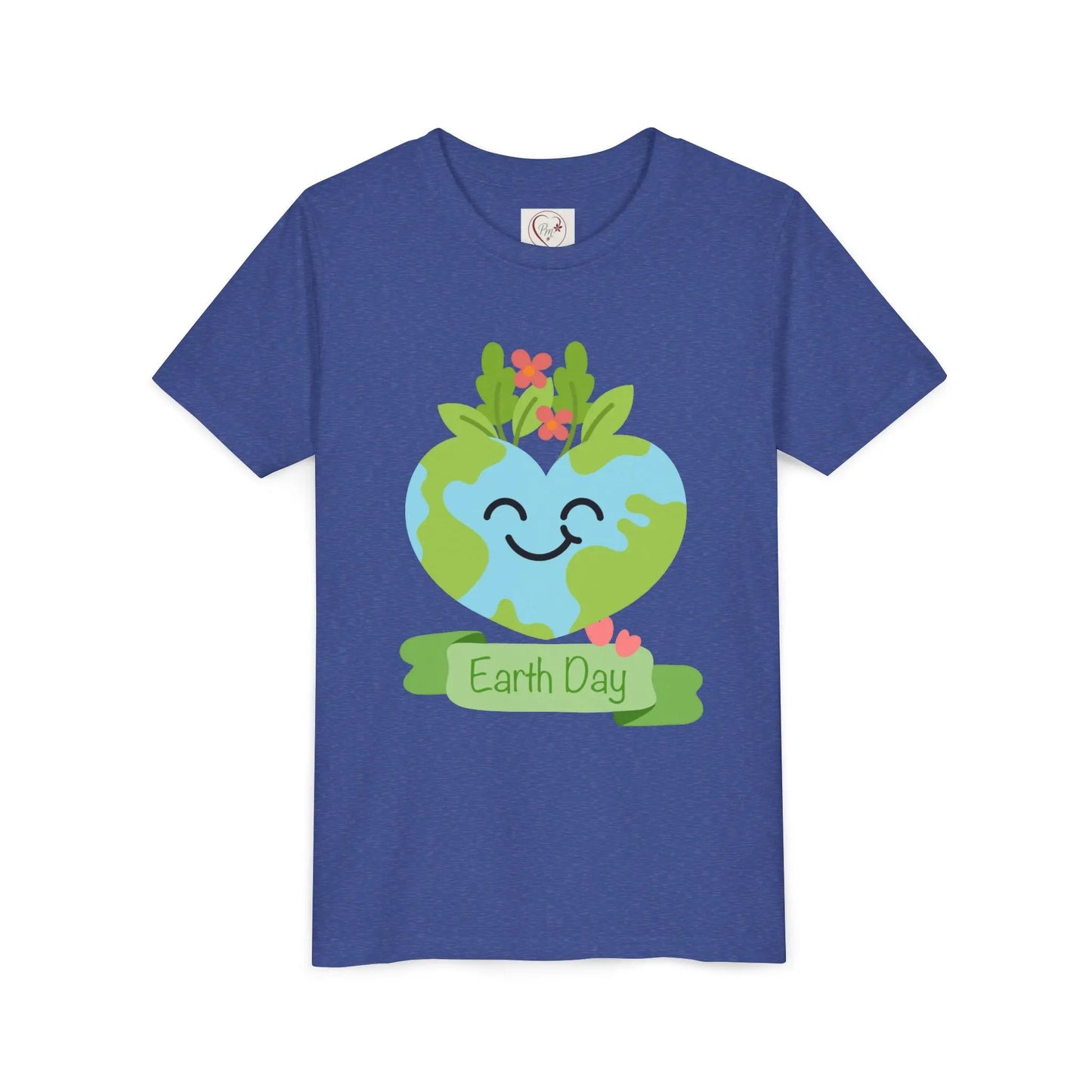 Soft cotton youth tee with smiling heart-shaped Earth and Happy Earth Day message. Perfect for eco-conscious kids and nature lovers. Sizes S-XL. Heather True Royal
