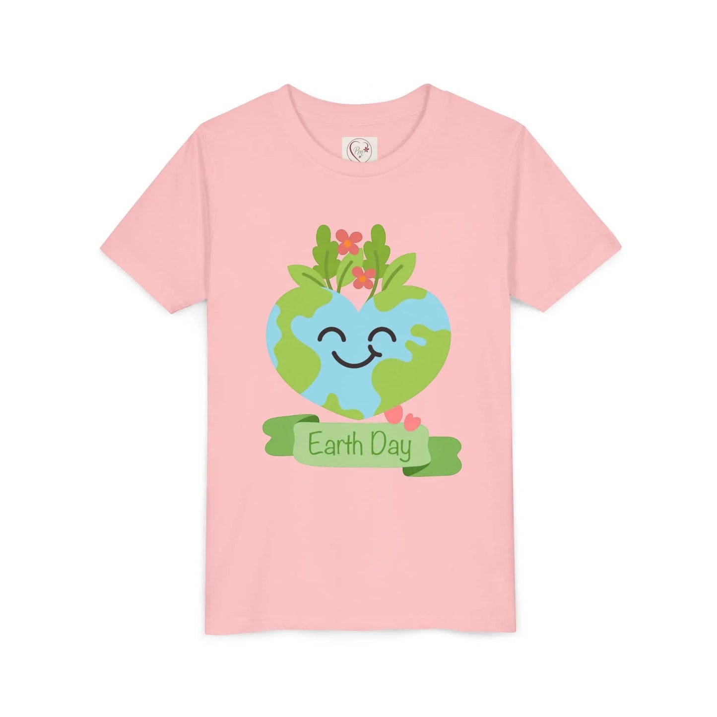 Soft cotton youth tee with smiling heart-shaped Earth and Happy Earth Day message. Perfect for eco-conscious kids and nature lovers. Sizes S-XL. Pink
