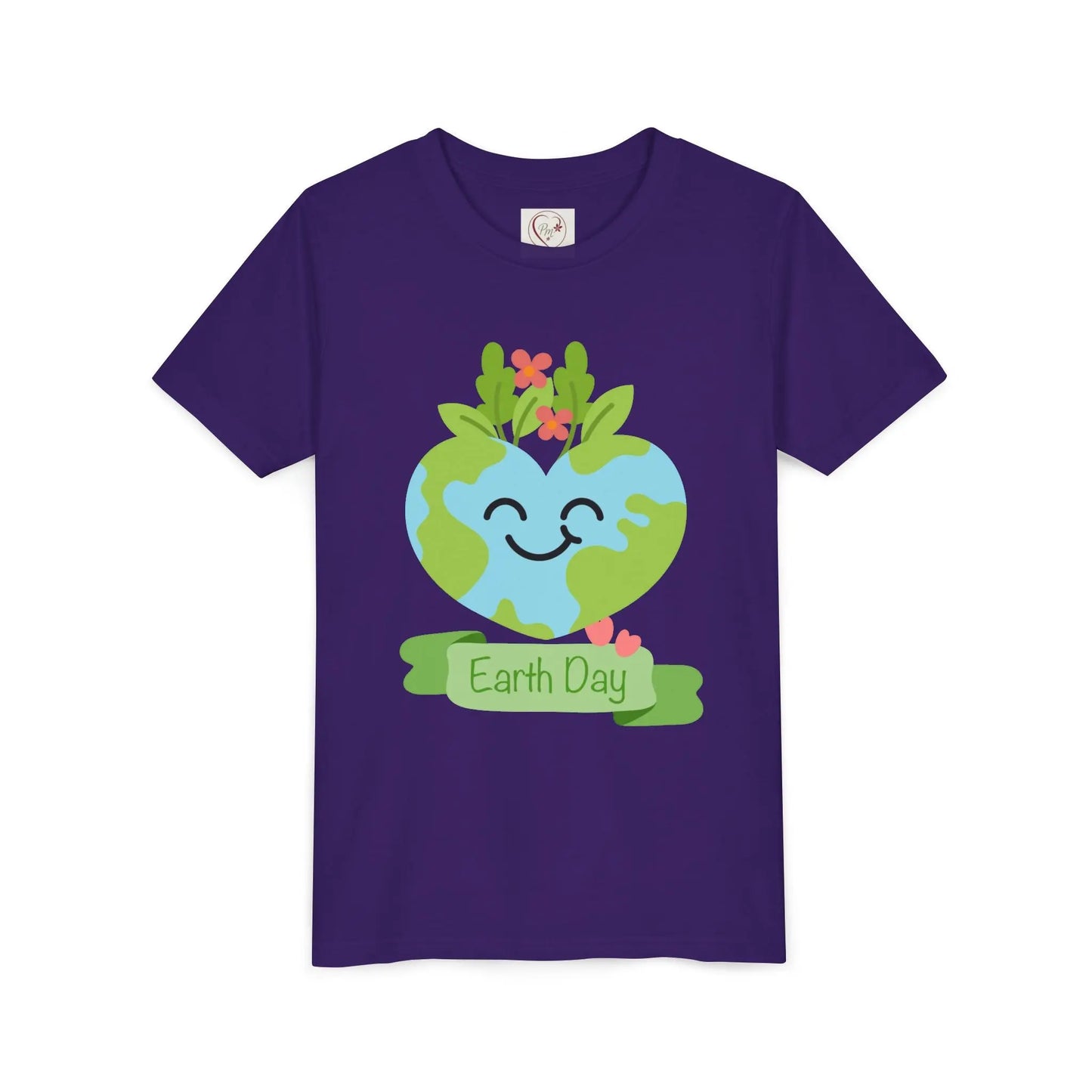 Soft cotton youth tee with smiling heart-shaped Earth and Happy Earth Day message. Perfect for eco-conscious kids and nature lovers. Sizes S-XL. Team Purple

