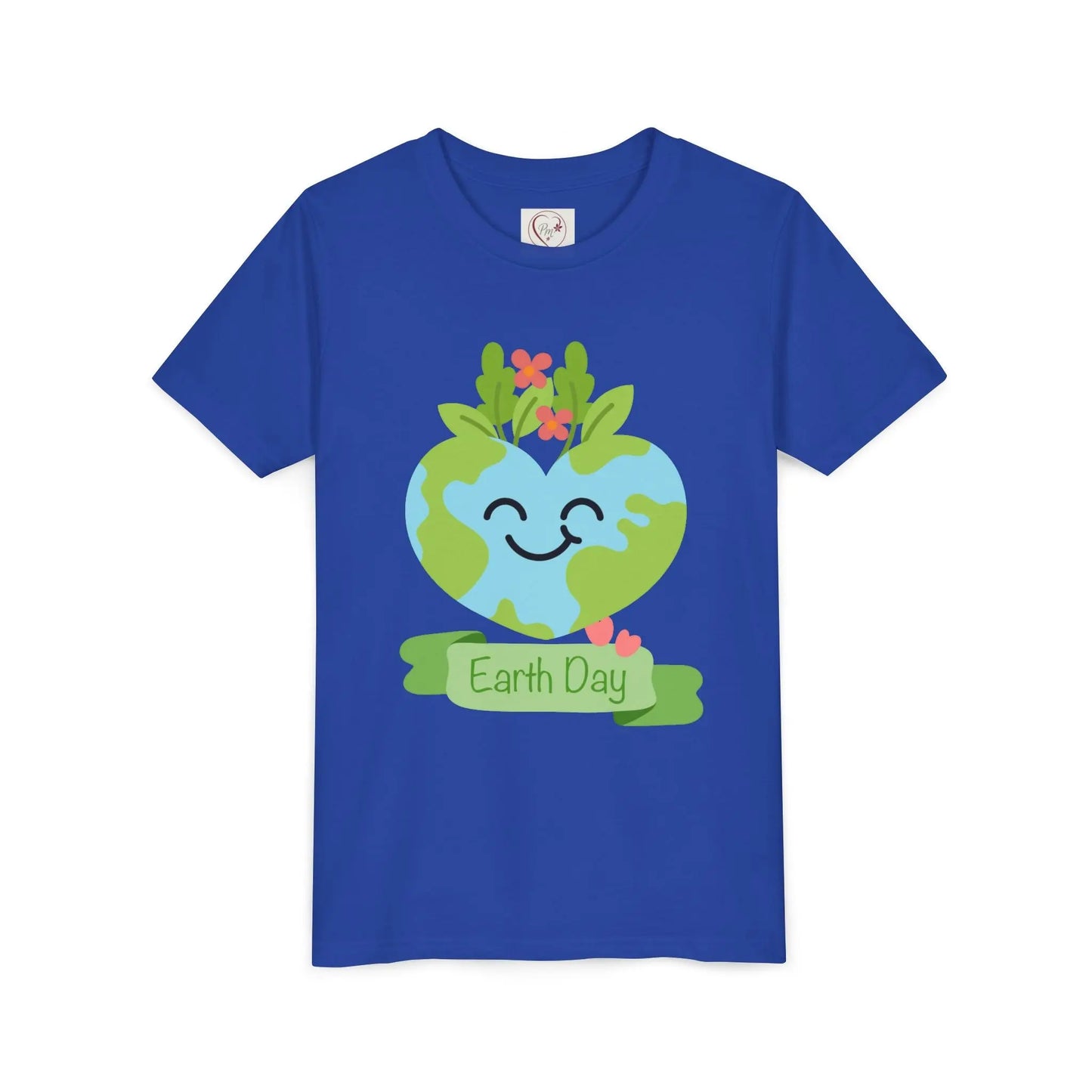 Soft cotton youth tee with smiling heart-shaped Earth and Happy Earth Day message. Perfect for eco-conscious kids and nature lovers. Sizes S-XL. True Royal
