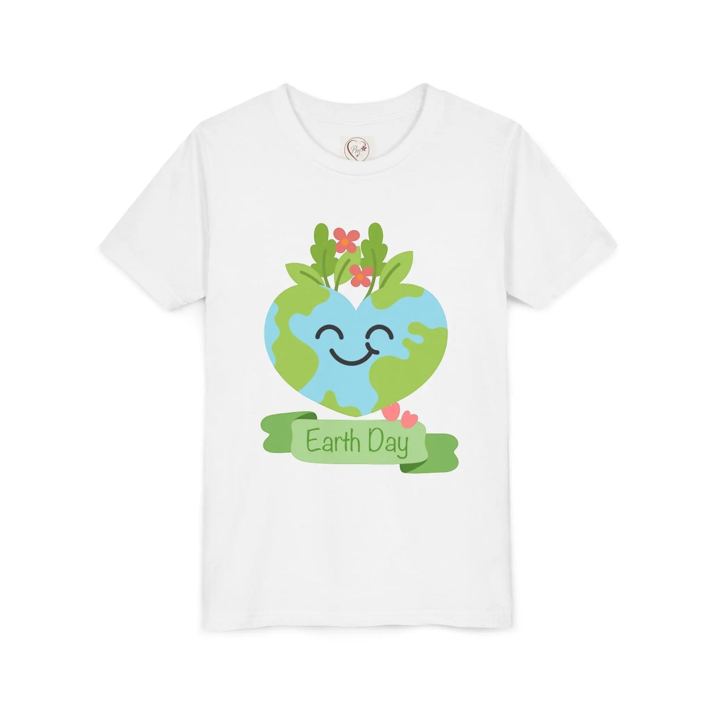Soft cotton youth tee with smiling heart-shaped Earth and Happy Earth Day message. Perfect for eco-conscious kids and nature lovers. Sizes S-XL. White
