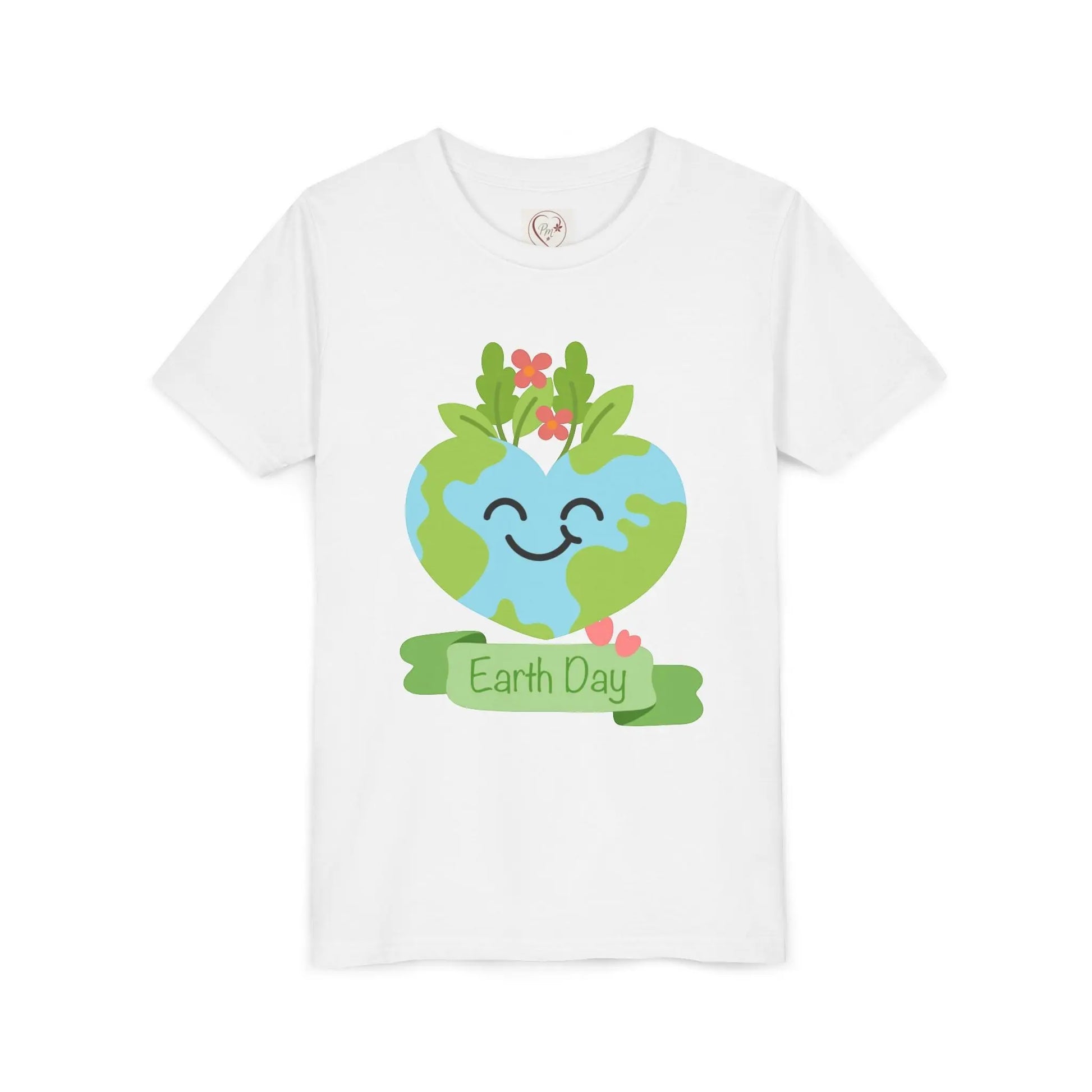 Soft cotton youth tee with smiling heart-shaped Earth and Happy Earth Day message. Perfect for eco-conscious kids and nature lovers. Sizes S-XL. White
