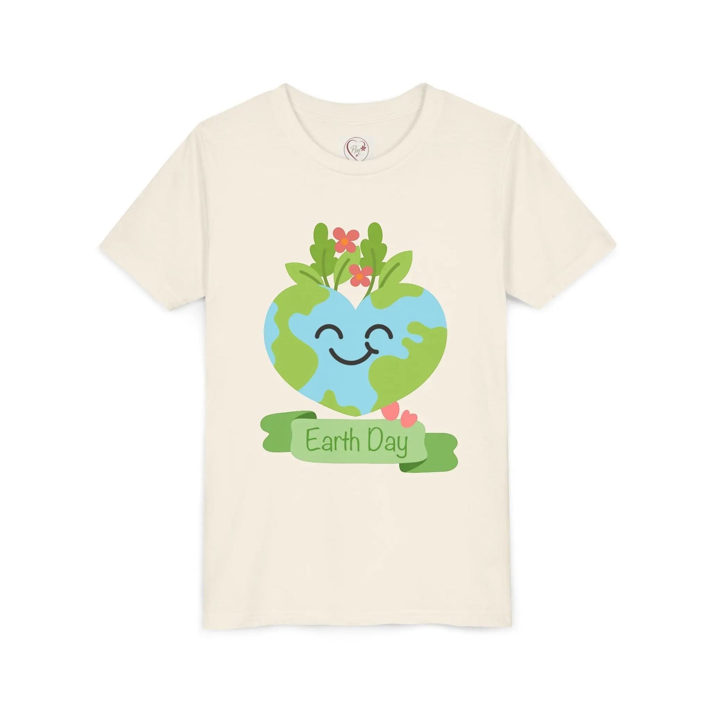 Soft cotton youth tee with smiling heart-shaped Earth and Happy Earth Day message. Perfect for eco-conscious kids and nature lovers. Sizes S-XL. Natural
