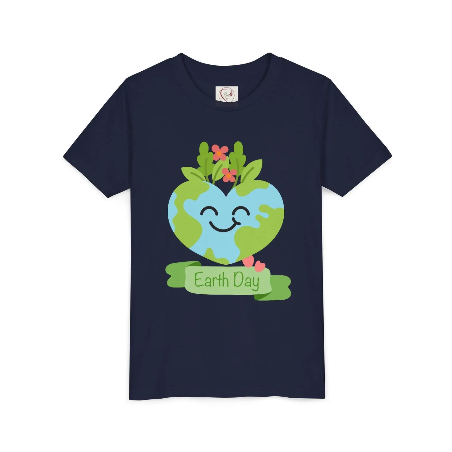 Soft cotton youth tee with smiling heart-shaped Earth and Happy Earth Day message. Perfect for eco-conscious kids and nature lovers. Sizes S-XL. Navy
