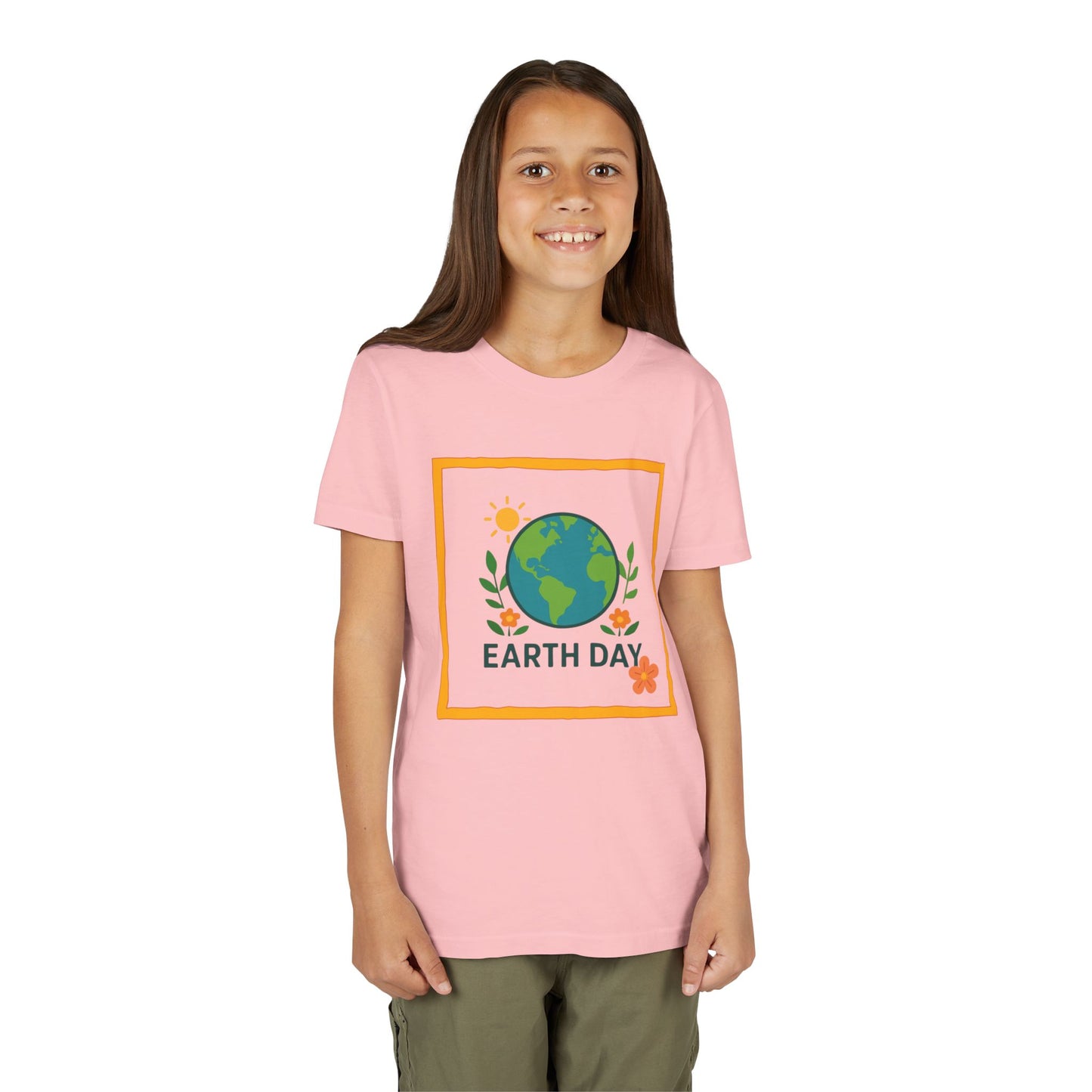 Young girl wearing a Pink 'Earth Day' t-shirt with a graphic of the Earth.  Soft, lightweight kids tee with a cheerful globe & floral design. Perfect for Earth Day, school events & everyday wear. Sizes S–XL. Shop now!