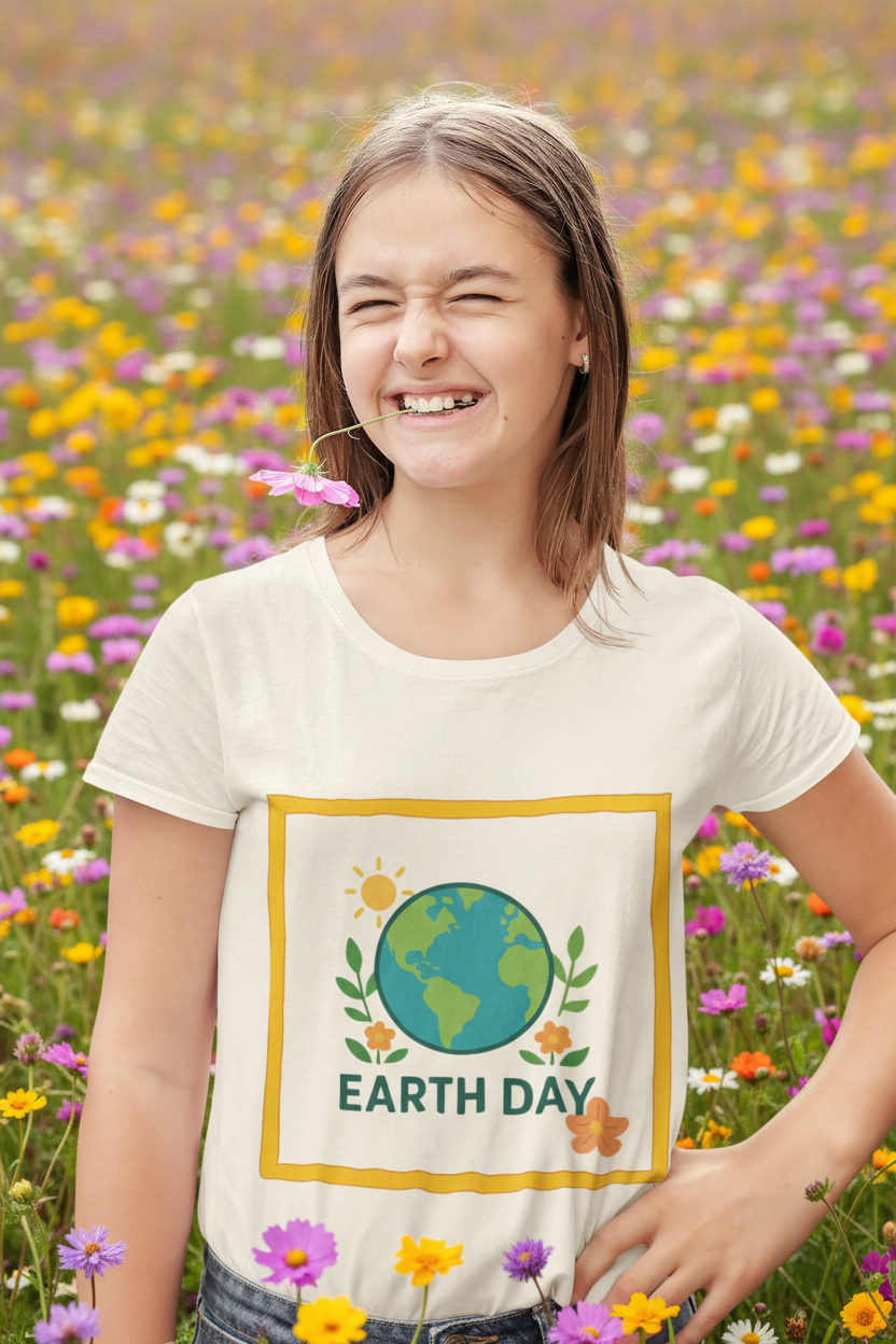 Youth wearing an 'Earth Day' t-shirt with a graphic of the Earth. Soft, lightweight kids tee with a cheerful globe & floral design. Perfect for Earth Day, school events & everyday wear. Sizes S–XL. Shop now!