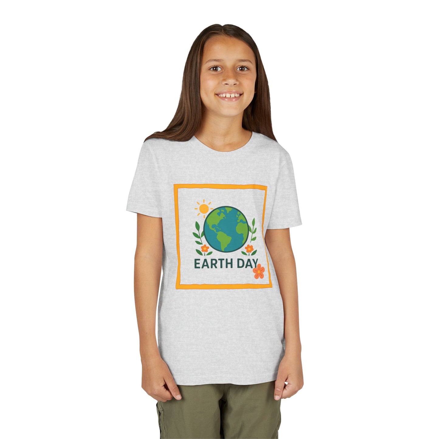 Child wearing a 'Earth Day' t-shirt with a graphic design on a white background. Soft, lightweight kids tee with a cheerful globe & floral design. Perfect for Earth Day, school events & everyday wear. Sizes S–XL. Shop now! Ash