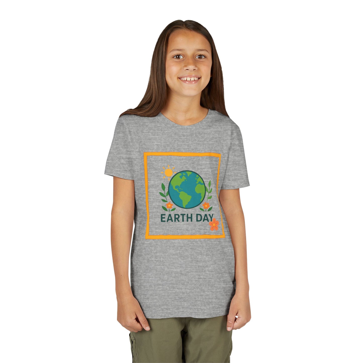 Child wearing an Athletic Heather t-shirt with an Earth Day graphic on a white background. Soft, lightweight kids tee with a cheerful globe & floral design. Perfect for Earth Day, school events & everyday wear. Sizes S–XL. Shop now!