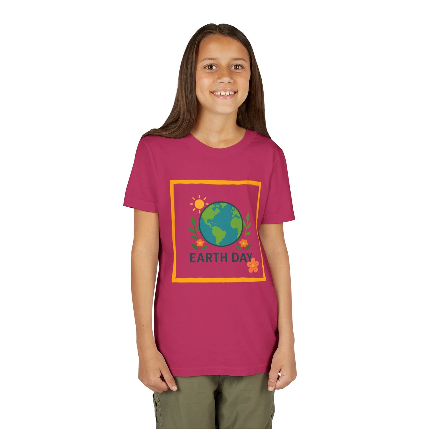 Child wearing a Berry 'Earth Day' t-shirt with a graphic of the Earth on a white background. Soft, lightweight kids tee with a cheerful globe & floral design. Perfect for Earth Day, school events & everyday wear. Sizes S–XL. Shop now!