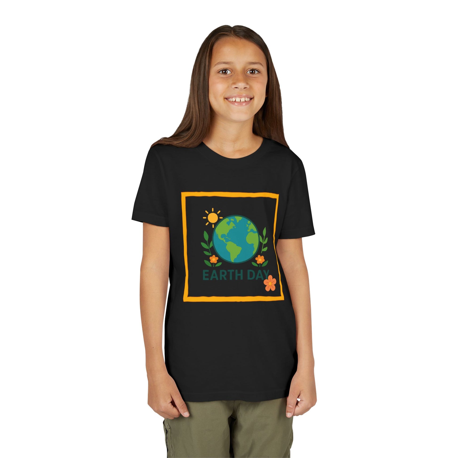 Child wearing a Black t-shirt with an Earth Day design on a white background. Soft, lightweight kids tee with a cheerful globe & floral design. Perfect for Earth Day, school events & everyday wear. Sizes S–XL. Shop now!