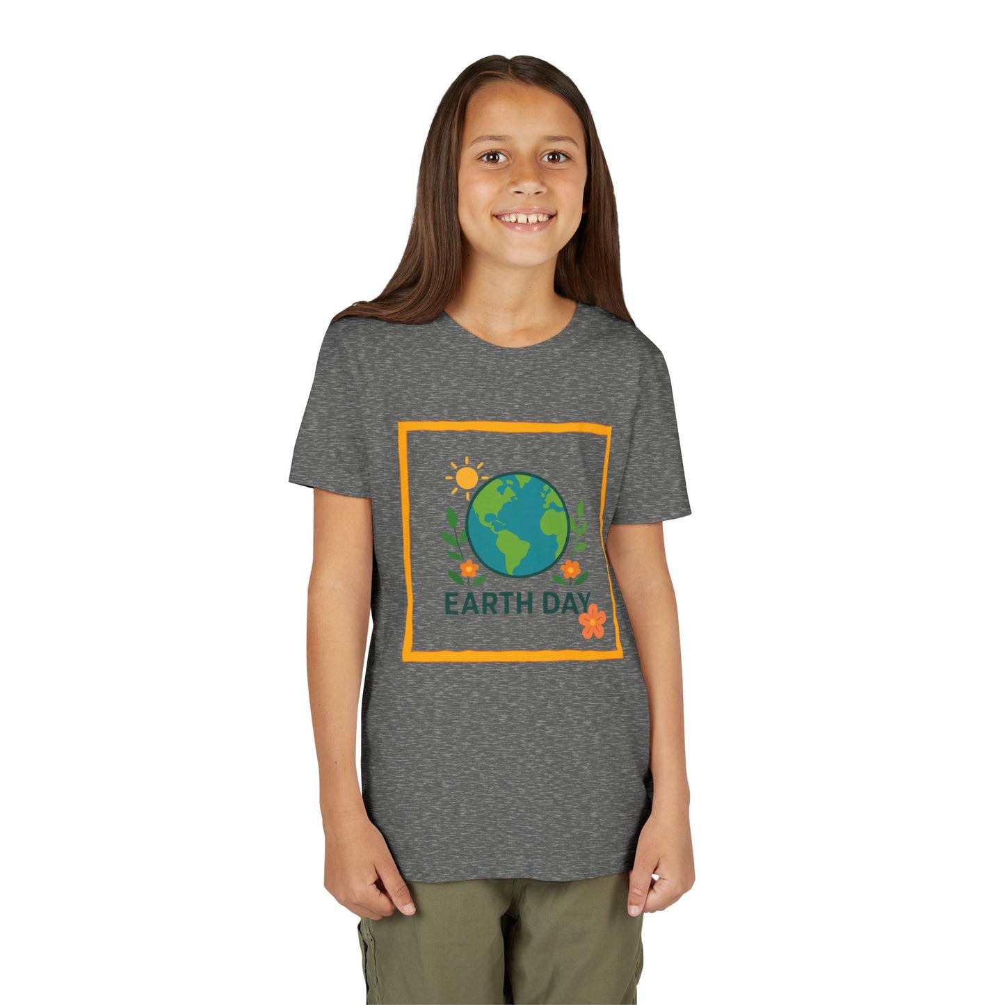Girl wearing a Deep Heather t-shirt with an Earth Day design on a white background. Soft, lightweight kids tee with a cheerful globe & floral design. Perfect for Earth Day, school events & everyday wear. Sizes S–XL. Shop now!