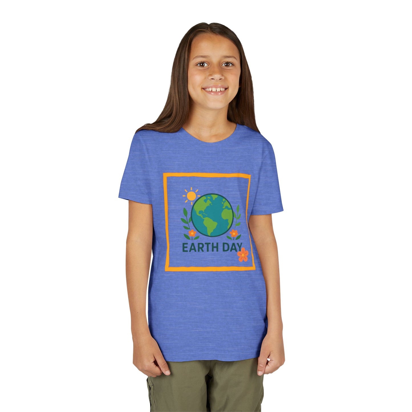 Girl wearing a Heather Columbia Blue 'Earth Day' t-shirt on a white background. Soft, lightweight kids tee with a cheerful globe & floral design. Perfect for Earth Day, school events & everyday wear. Sizes S–XL. Shop now!