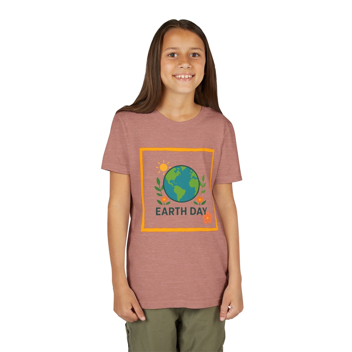 Child wearing an 'Earth Day' t-shirt with a graphic of the Earth on a white background. Soft, lightweight kids tee with a cheerful globe & floral design. Perfect for Earth Day, school events & everyday wear. Sizes S–XL. Shop now! Heather Mauve
