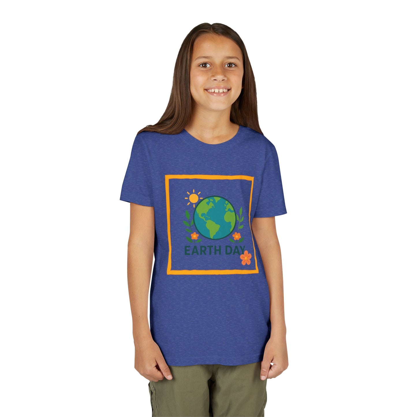 Child wearing a Heather True Royal 'Earth Day' t-shirt on a white background. Soft, lightweight kids tee with a cheerful globe & floral design. Perfect for Earth Day, school events & everyday wear. Sizes S–XL. Shop now!