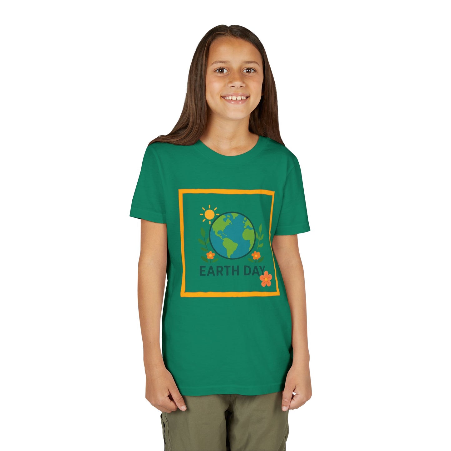 Youth wearing a Kelly Green 'Earth Day' t-shirt on a white background. Soft, lightweight kids tee with a cheerful globe & floral design. Perfect for Earth Day, school events & everyday wear. Sizes S–XL. Shop now!