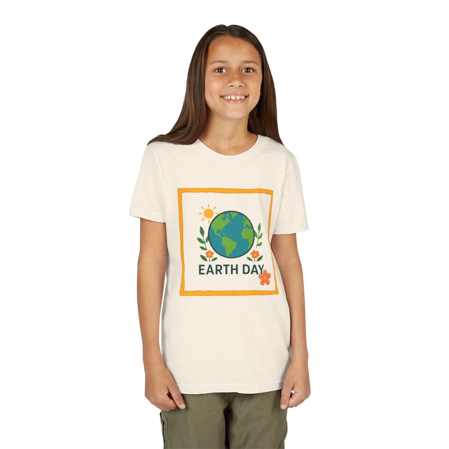 Young girl wearing a Natural t-shirt with a colorful graphic and text on a white background.  Soft, lightweight kids tee with a cheerful globe & floral design. Perfect for Earth Day, school events & everyday wear. Sizes S–XL. Shop now!