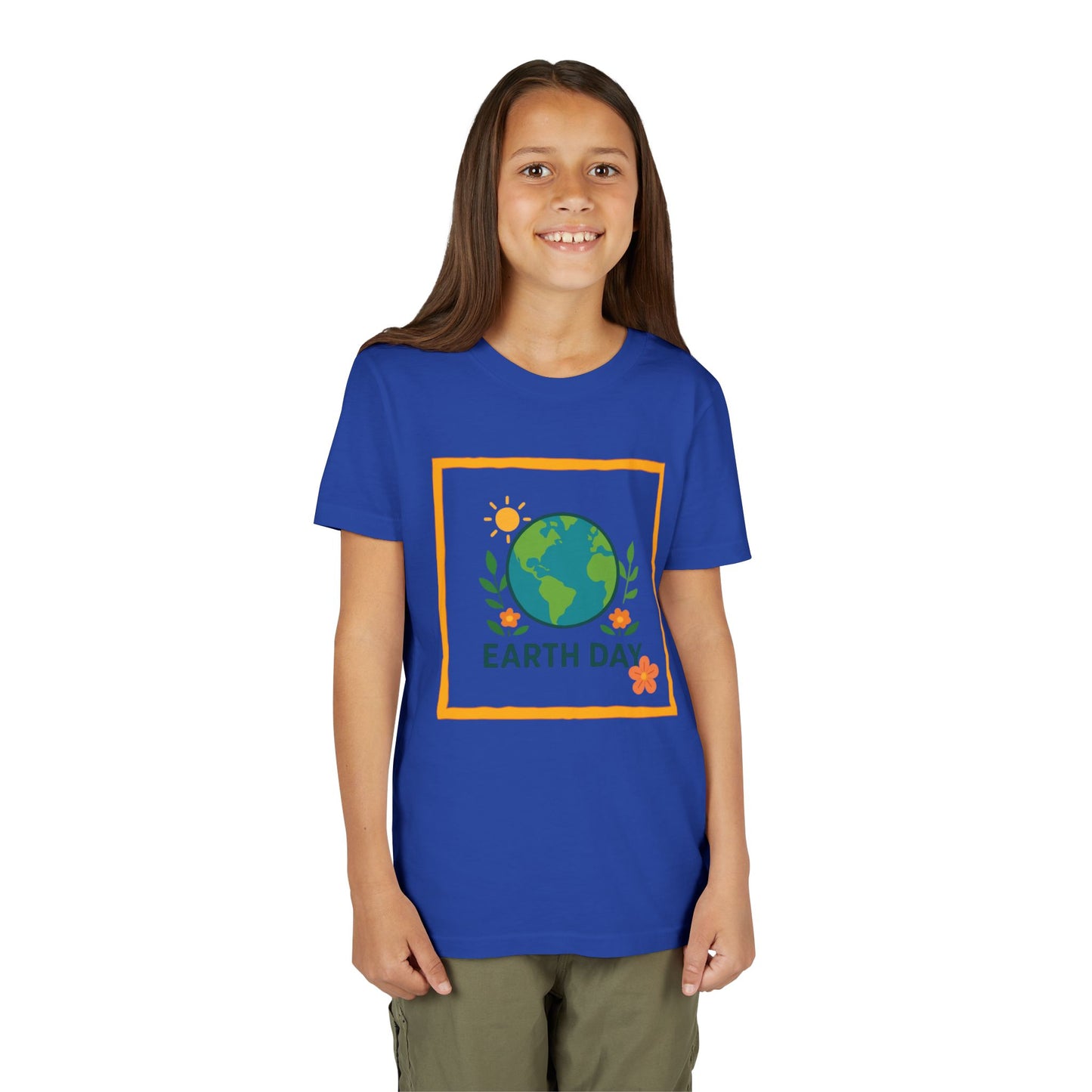 Child wearing a True Royal 'Earth Day' t-shirt with a graphic design on a white background. Soft, lightweight kids tee with a cheerful globe & floral design. Perfect for Earth Day, school events & everyday wear. Sizes S–XL. Shop now! Soft, lightweight kids tee with a cheerful globe & floral design. Perfect for Earth Day, school events & everyday wear. Sizes S–XL. Shop now!