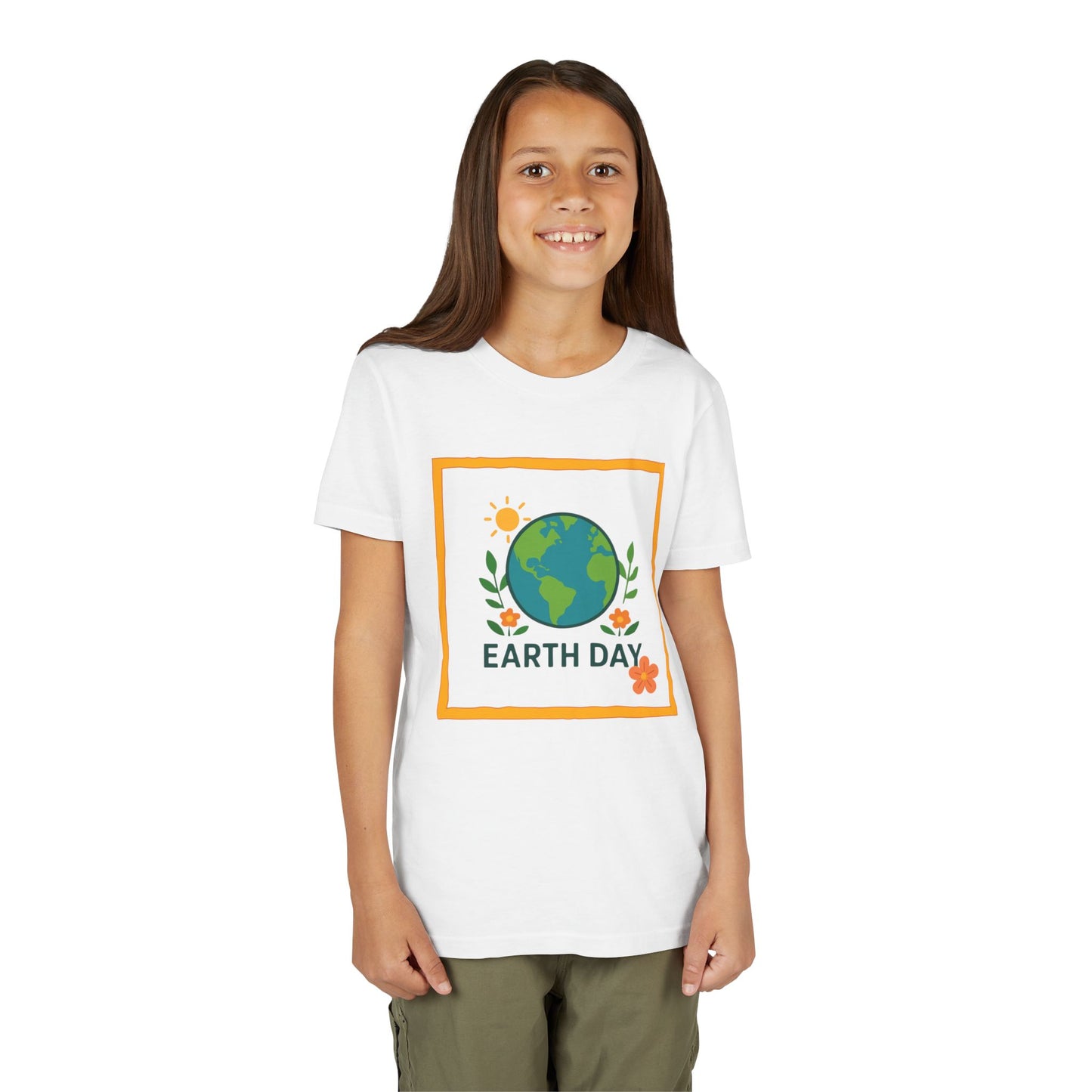 Young girl wearing a White 'Earth Day' t-shirt with a graphic of the Earth. Soft, lightweight kids tee with a cheerful globe & floral design. Perfect for Earth Day, school events & everyday wear. Sizes S–XL. Shop now!