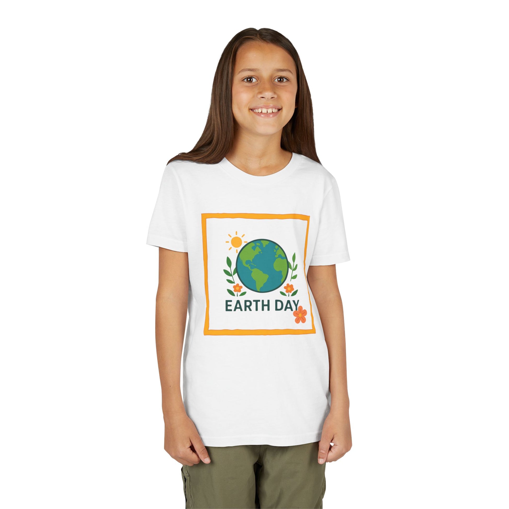 Young girl wearing a White 'Earth Day' t-shirt with a graphic of the Earth. Soft, lightweight kids tee with a cheerful globe & floral design. Perfect for Earth Day, school events & everyday wear. Sizes S–XL. Shop now!