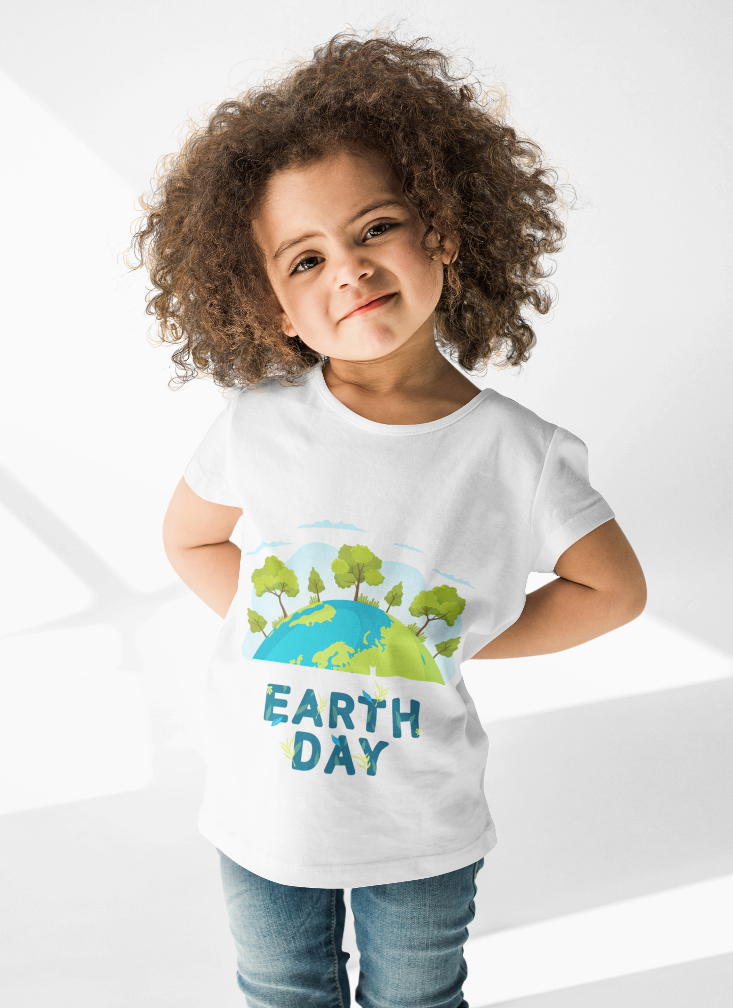 Toddler wearing Earth Day tee with green globe and tree design, White
