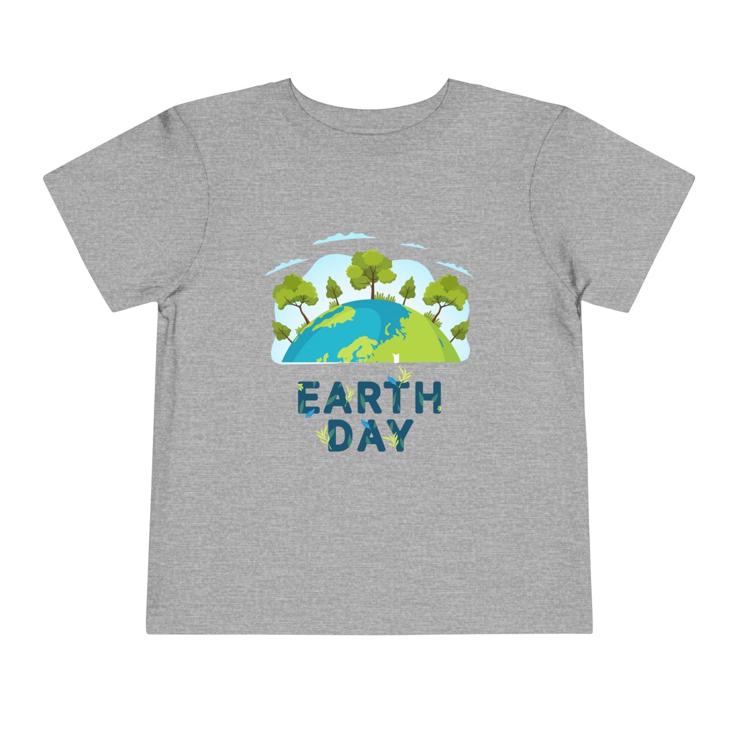 Soft cotton toddler tee with green tree-topped globe and Earth Day lettering. Perfect for eco-friendly kids and Earth Day celebrations. Sizes 2T-5T. Athletic Heather